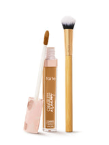 tarte creaseless creamy concealer with applicator and brush on a white background