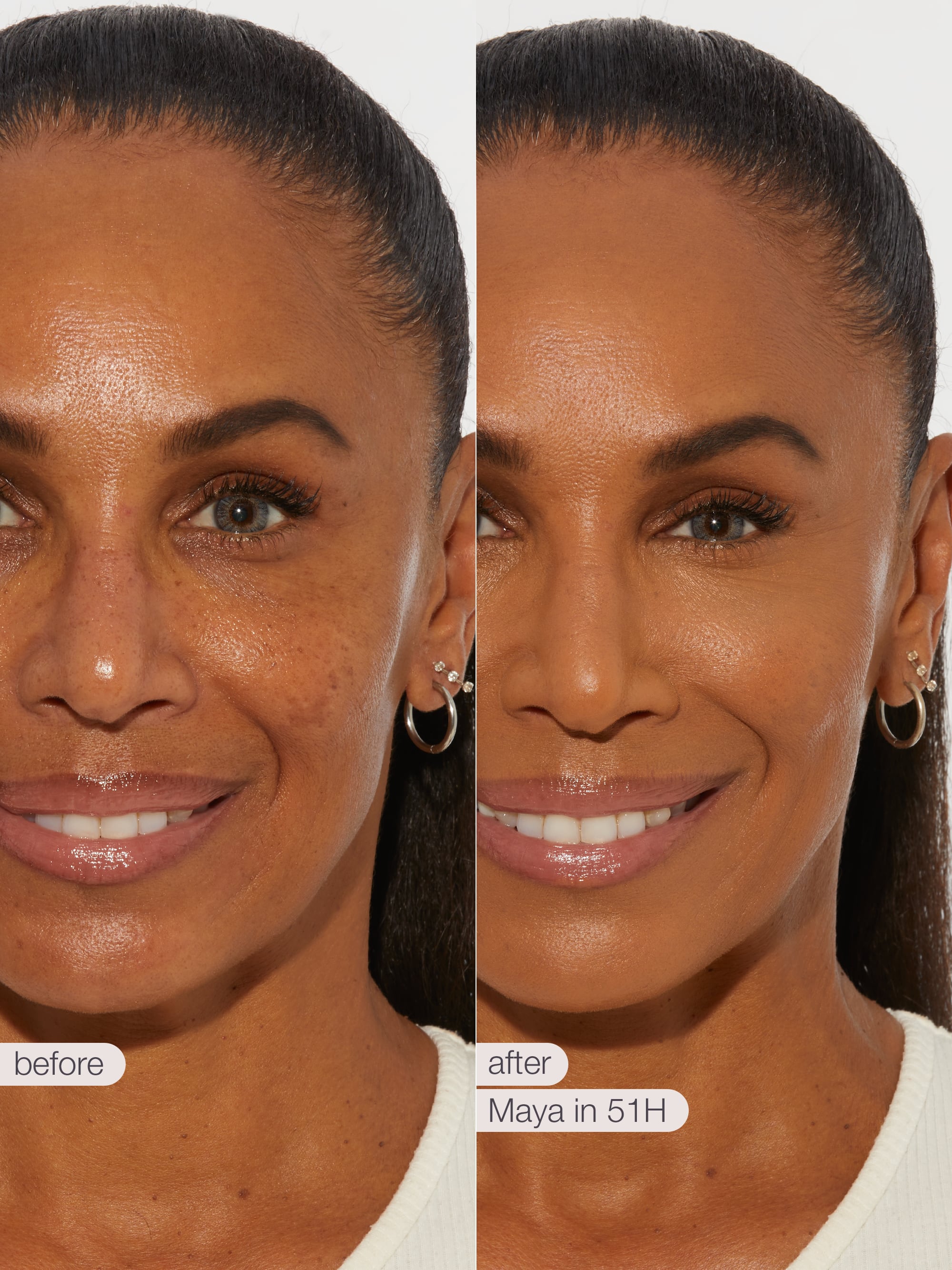 Before and after comparison of a woman's face with text indicating tarte creaseless creamy concealer in shade 'Maya in 51H'.
