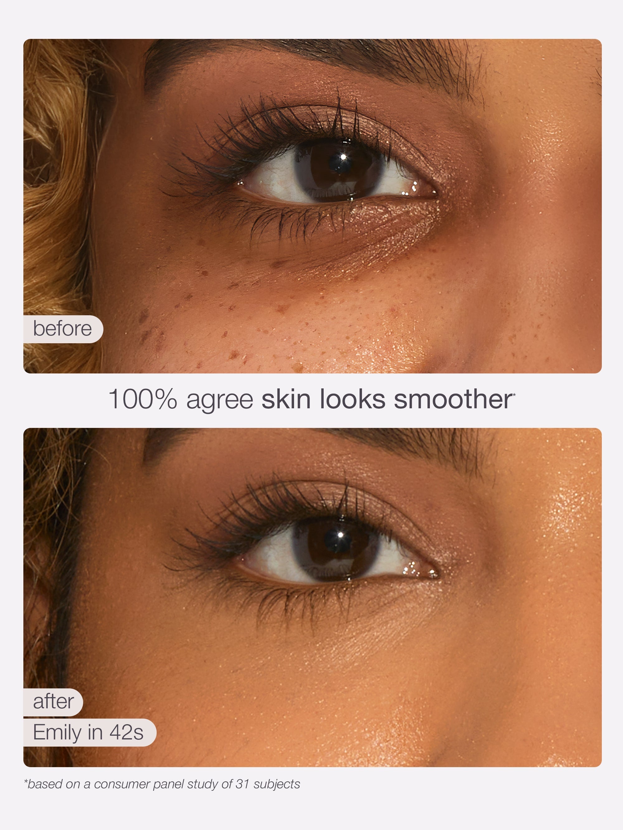 Before and after comparison of tarte creaseless creamy concealer on a person's eyelid.