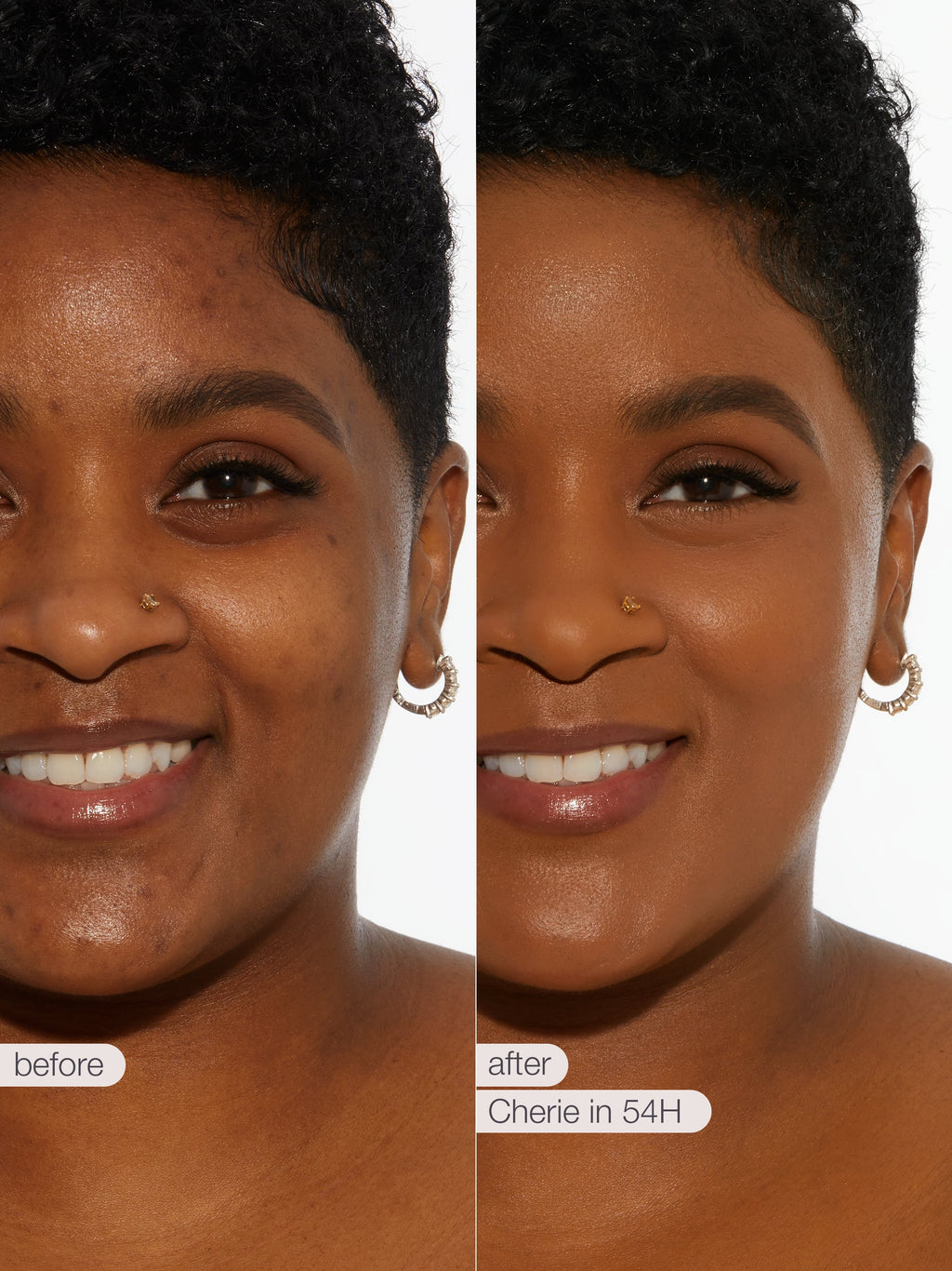 Before and after comparison of a woman's face with 'Cherie'  tarte creaseless creamy concealer in shade 54H