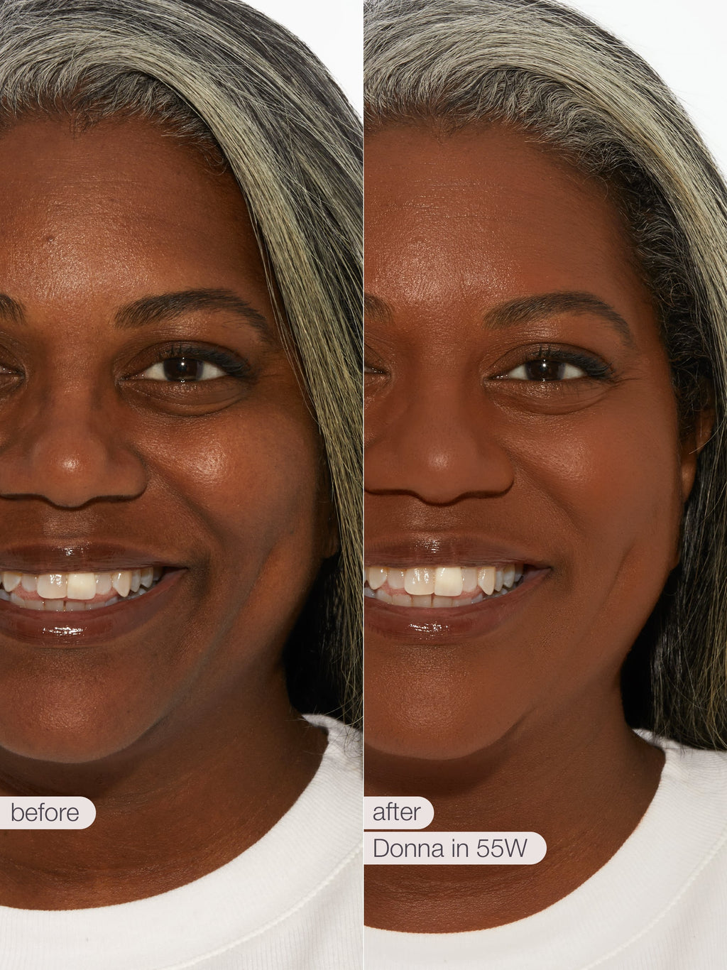 Before and after comparison of a woman's face showing 'Donna in 55W'  tarte creaseless creamy concealer 