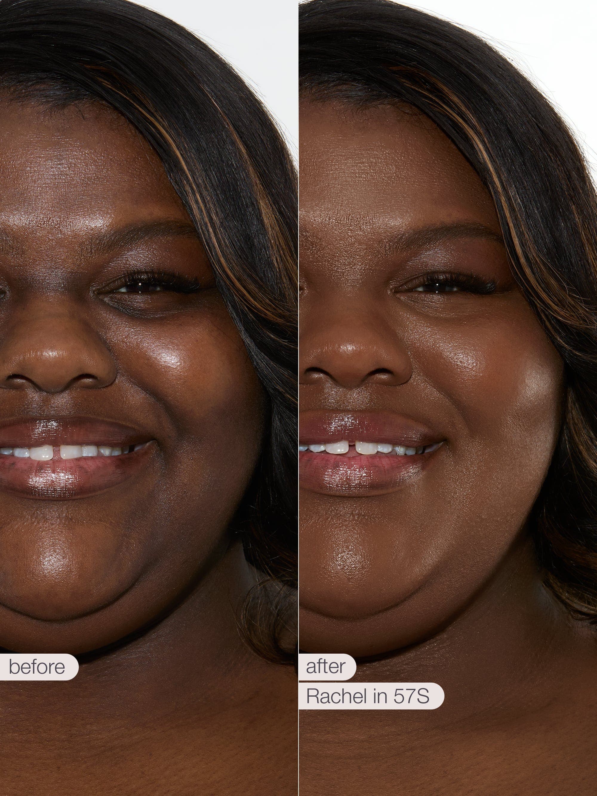 Before and after comparison of a woman's face with text indicating 'before' and 'after'  tarte creaseless creamy concealer in shade 57s