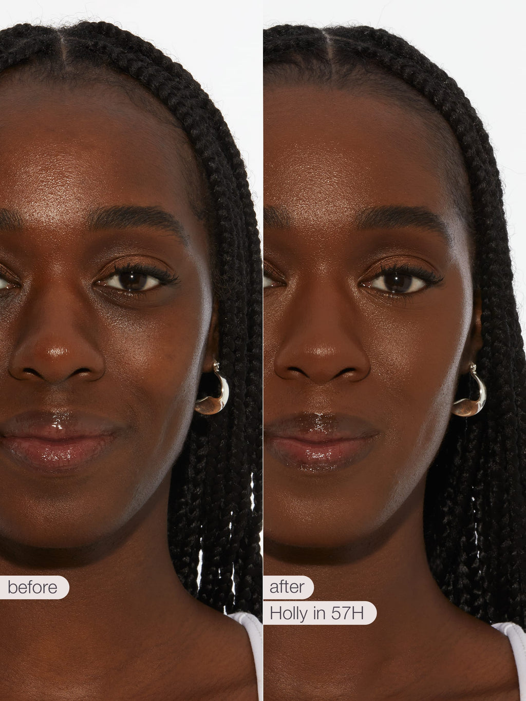 Before and after comparison of a woman with braided hair, showing a cosmetic  tarte creaseless creamy concealer in shade 57H