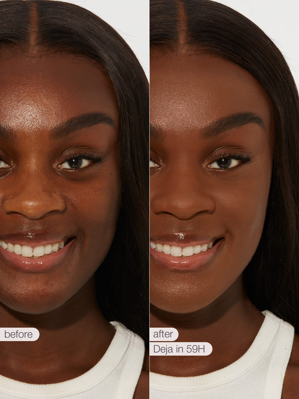 Before and after comparison of a woman's face with  tarte creaseless creamy concealer in shade 59H