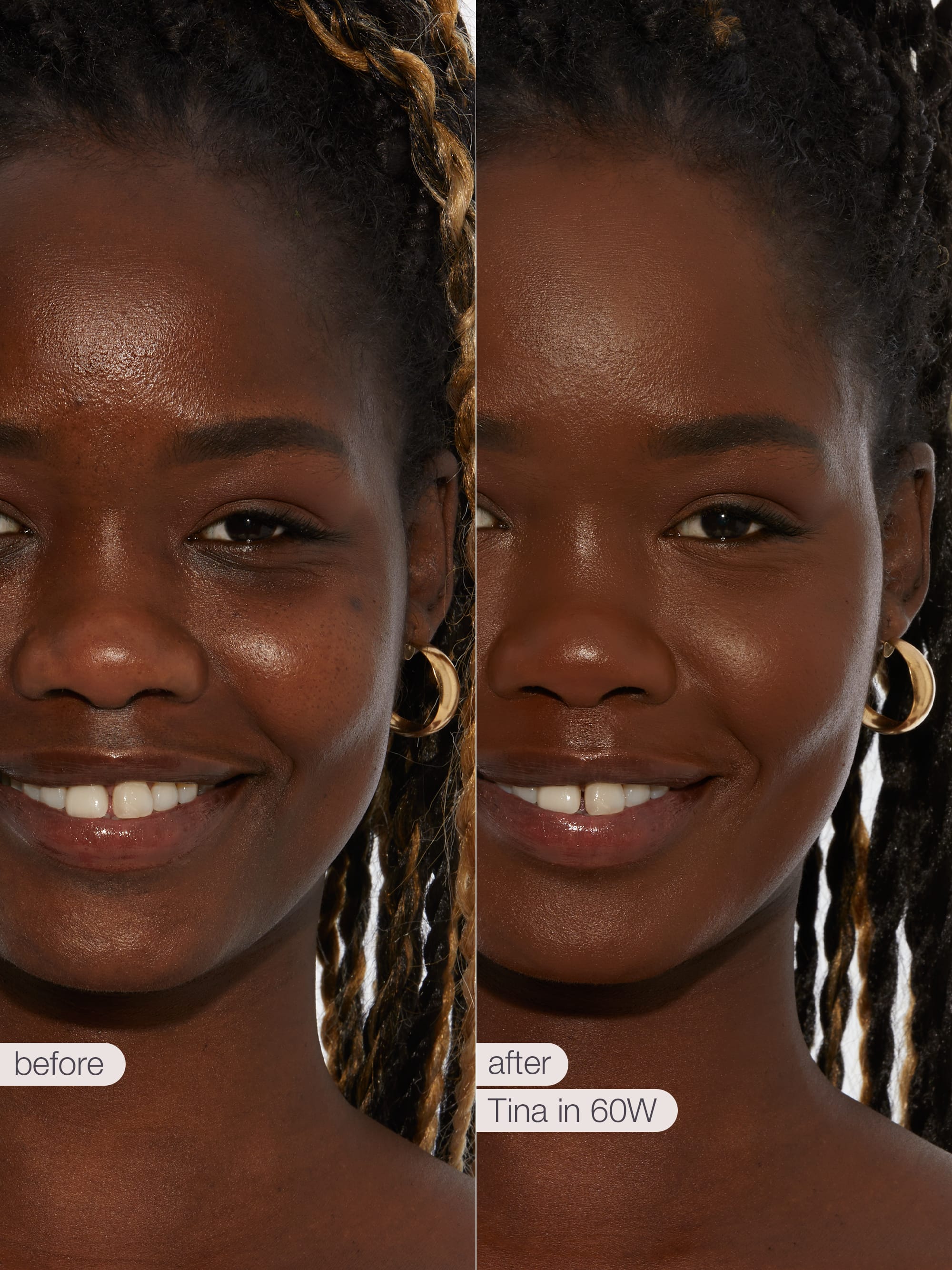 Before and after comparison of a woman's face with text indicating 'before' and 'after' with  tarte creaseless creamy concealer in shade 60W