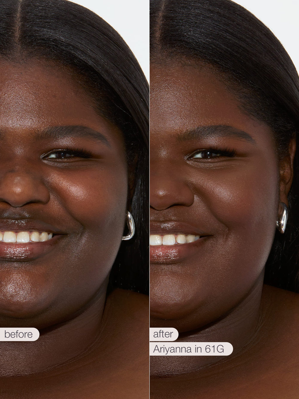 Before and after comparison of a woman's face with Ariyanna wearing  tarte creaseless creamy concealer in shade 61G