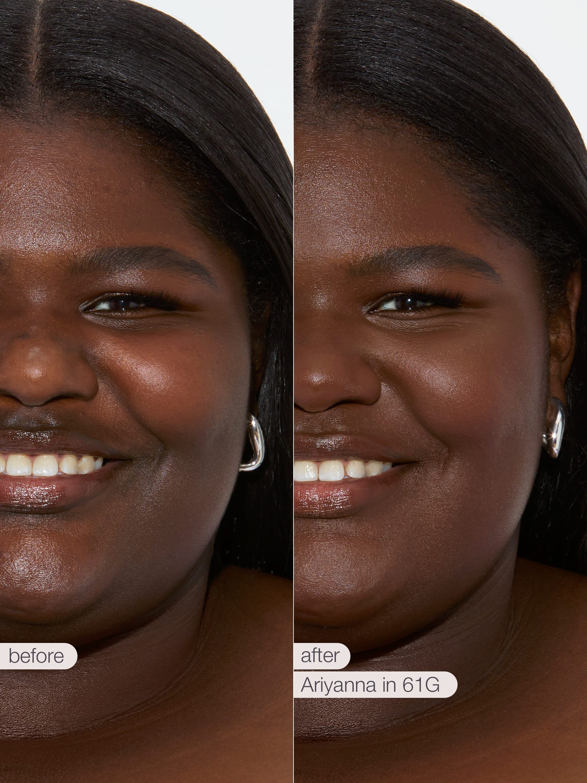 Before and after comparison of a woman's face with Ariyanna wearing  tarte creaseless creamy concealer in shade 61G