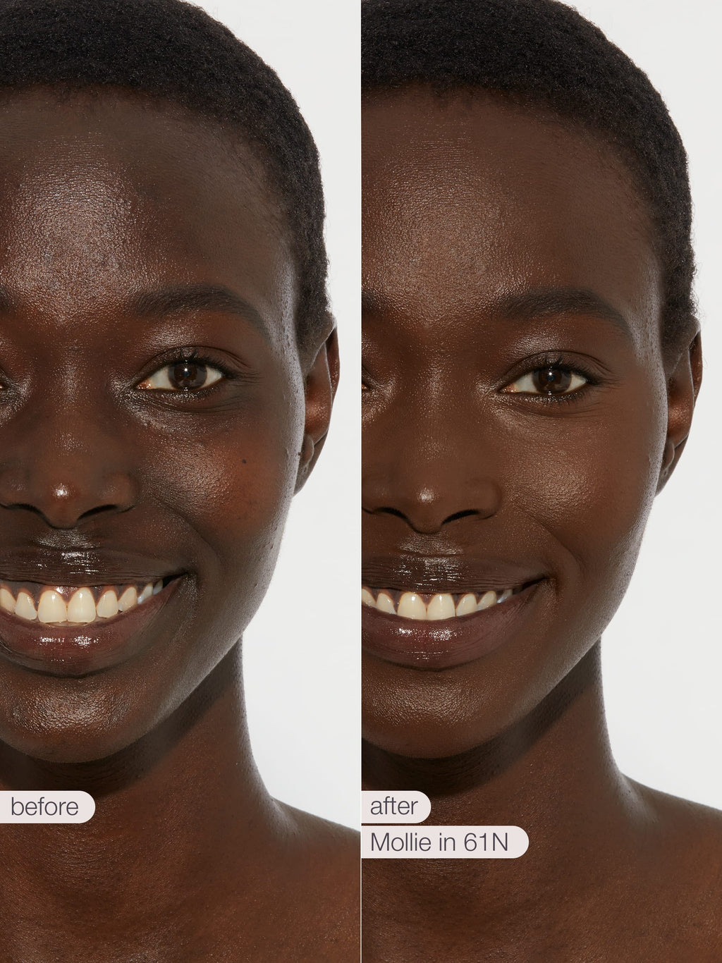 Before and after comparison of a woman's face with tarte creaseless creamy concealer in shade 61N