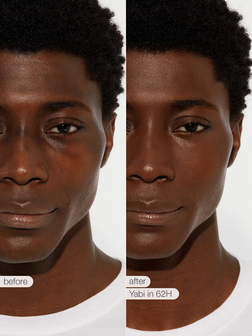 Before and after comparison of a man's face with tarte creaseless creamy concealer in shade 62H