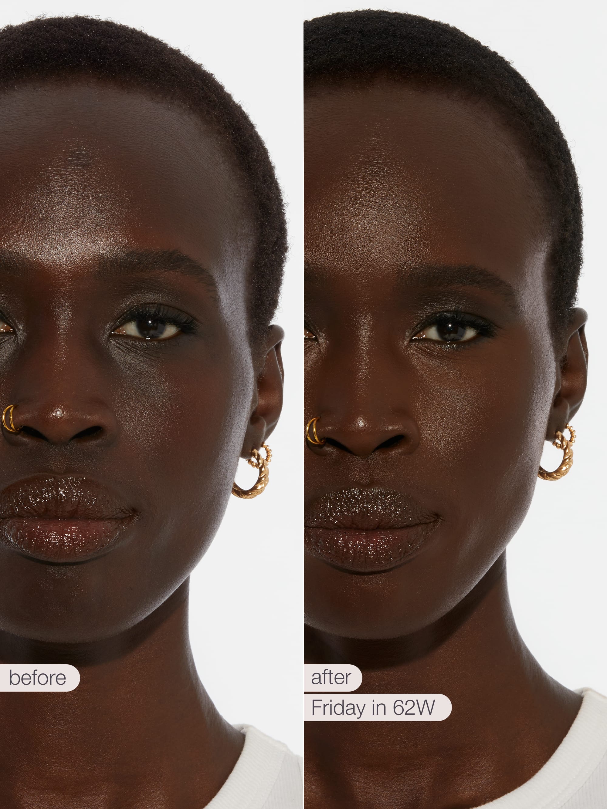 Before and after comparison of a woman's face with   tarte creaseless creamy concealer in shade 'Friday in 62W'.