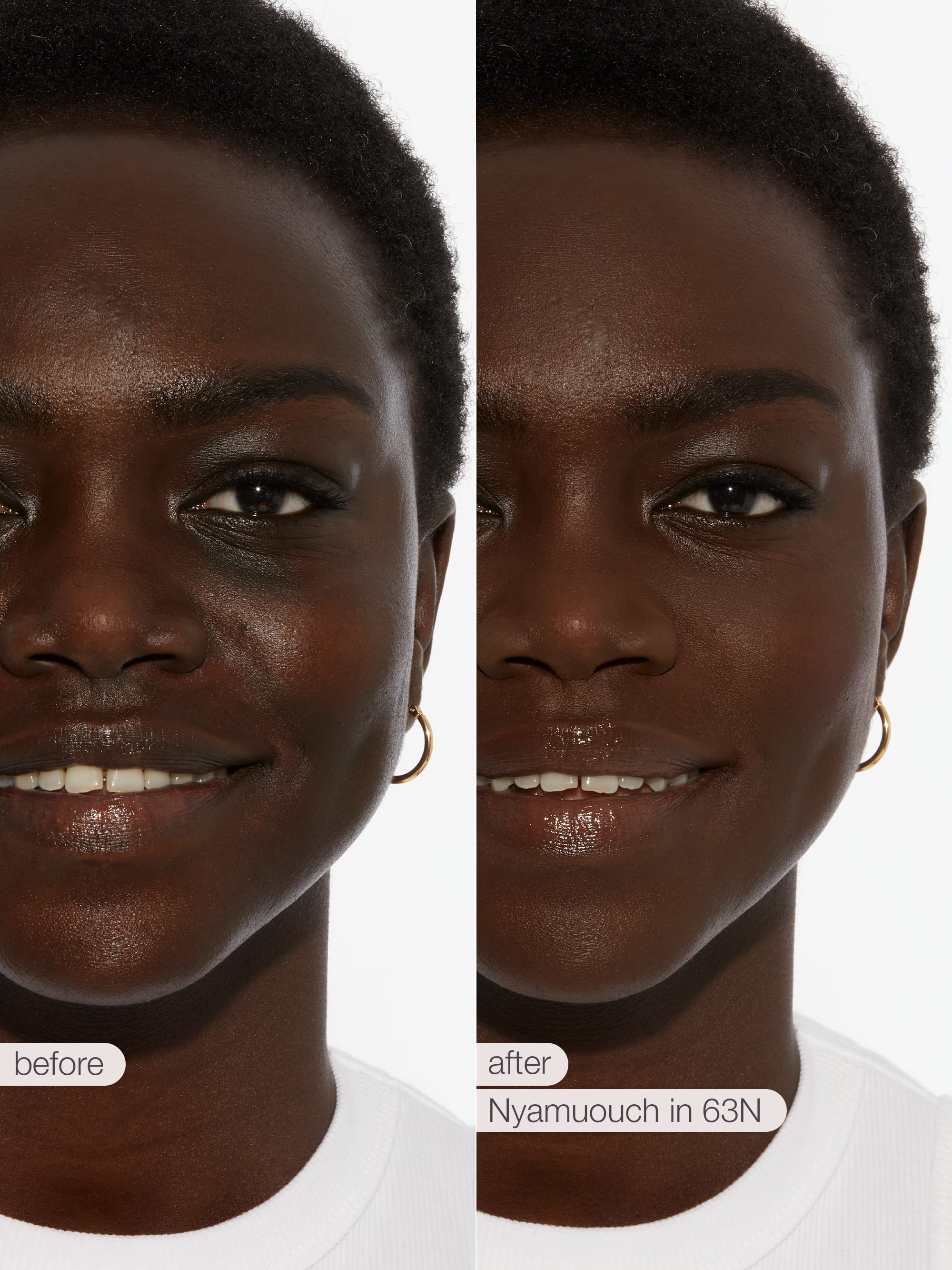 Before and after comparison of a person wearing a white shirt  tarte creaseless creamy concealer in shade 63N