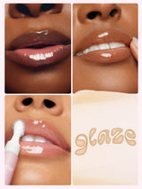 Collage of close-up shots of lips with a lip gloss applicator and 'glaze' branding.