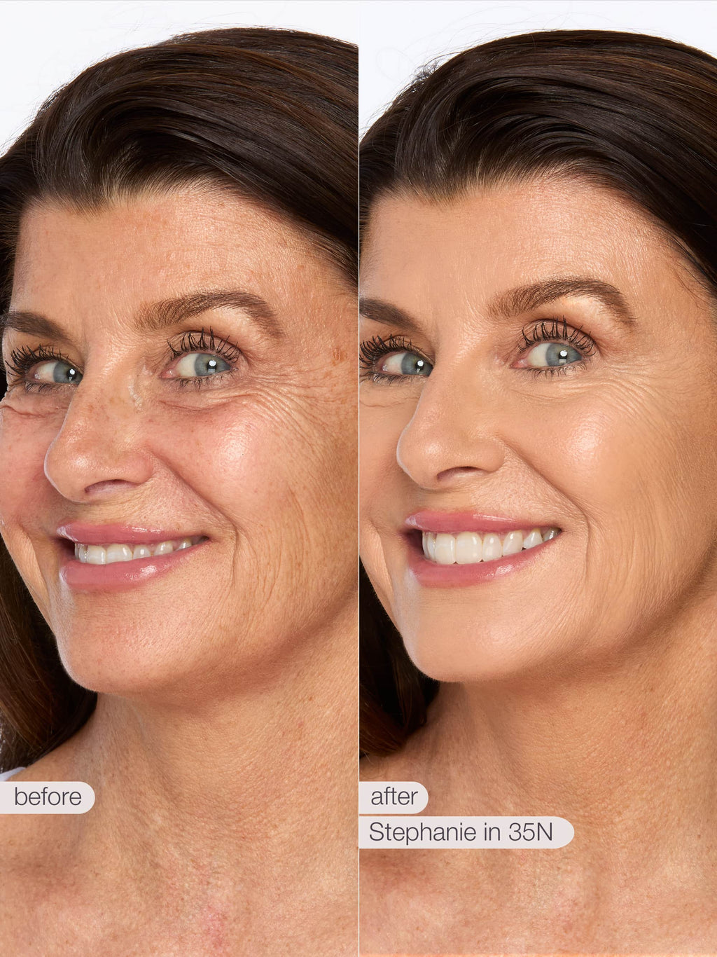 A woman is shown in side-by-side close-up comparisons: left without makeup and right with Tarte Cosmetics foundation. Her skin appears smoother and more radiant in the after image.