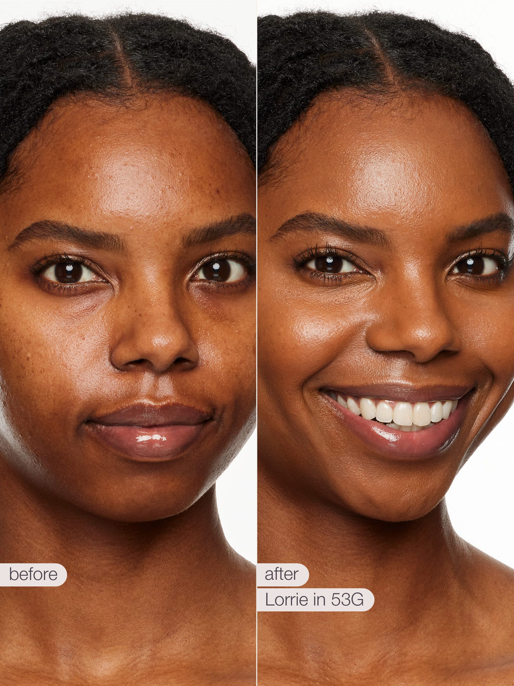 Before and after comparison of a woman's face with L'Oreal product, showing skin texture and color.