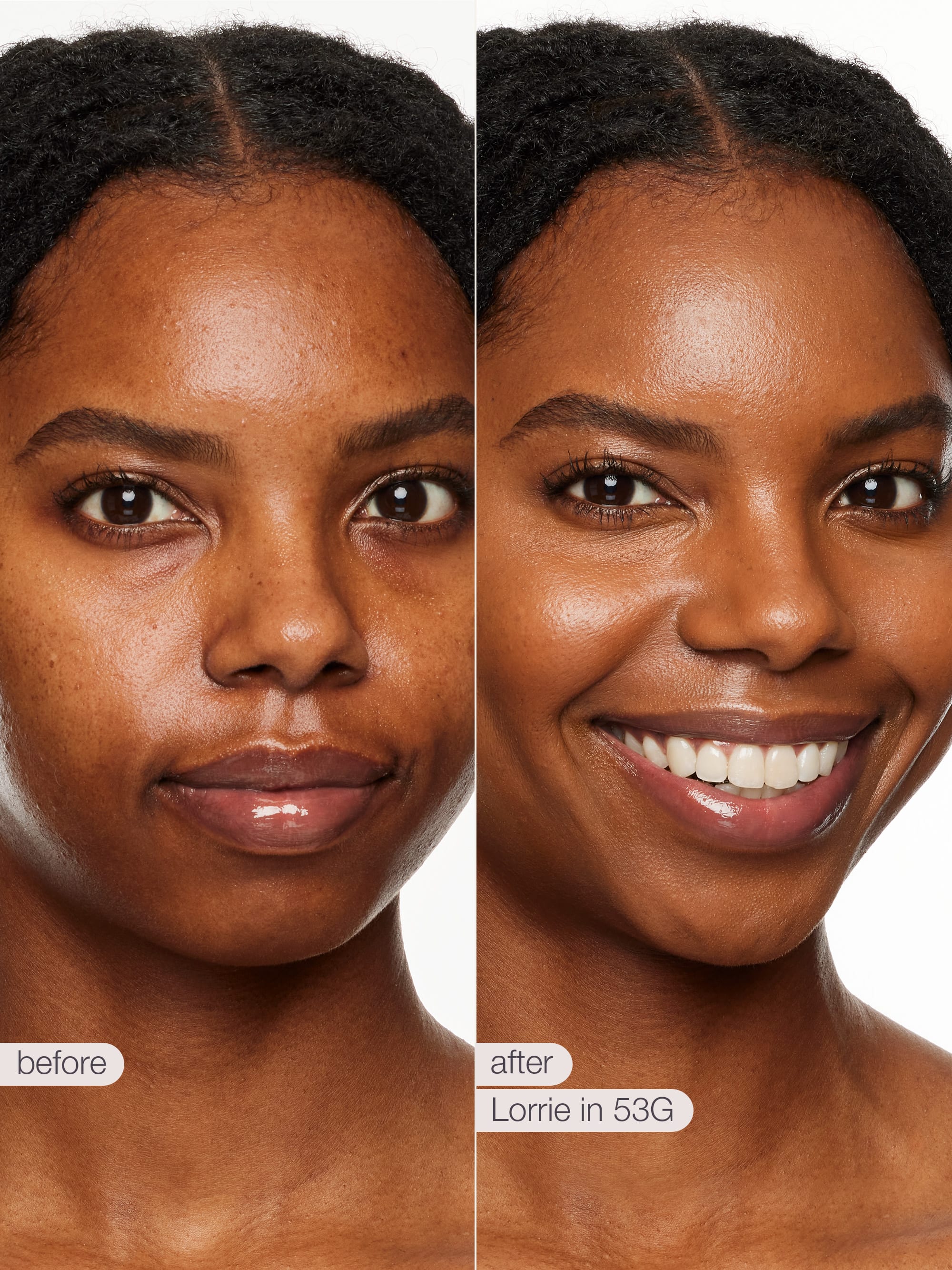 Before and after comparison of a woman's face with L'Oreal product, showing skin texture and color.