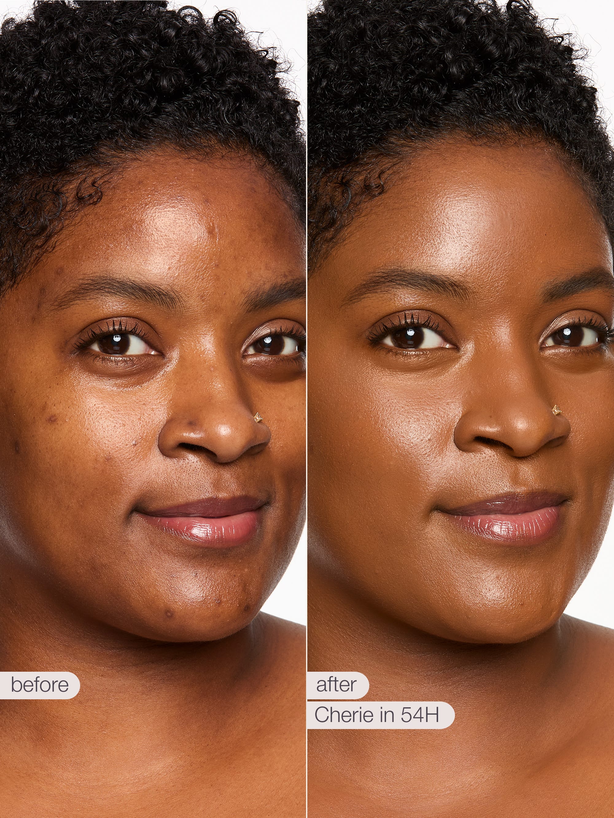 Before and after comparison of a woman's face with text indicating product name and time frame.