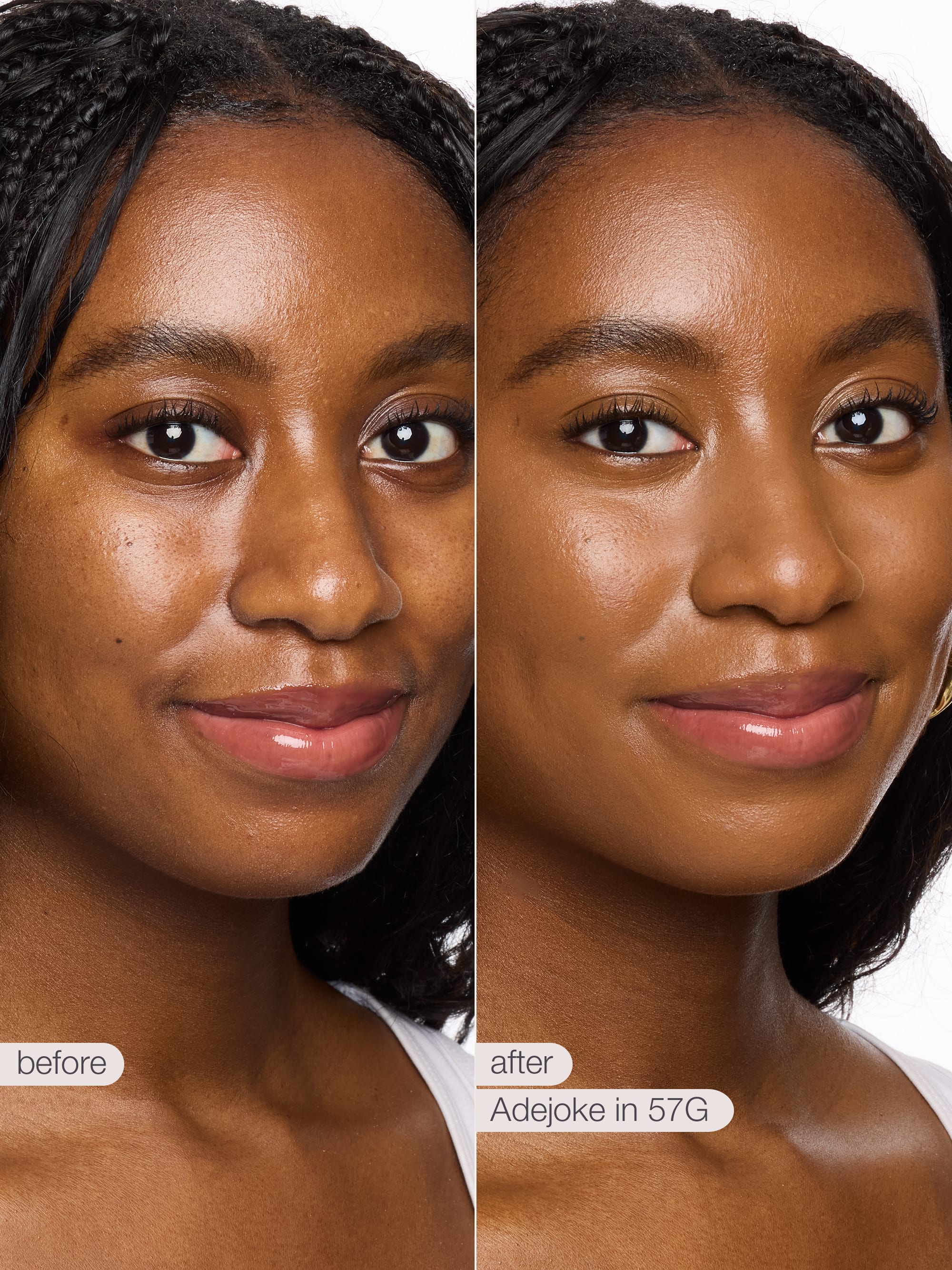Before and after comparison of a woman's face with cosmetic product application.
