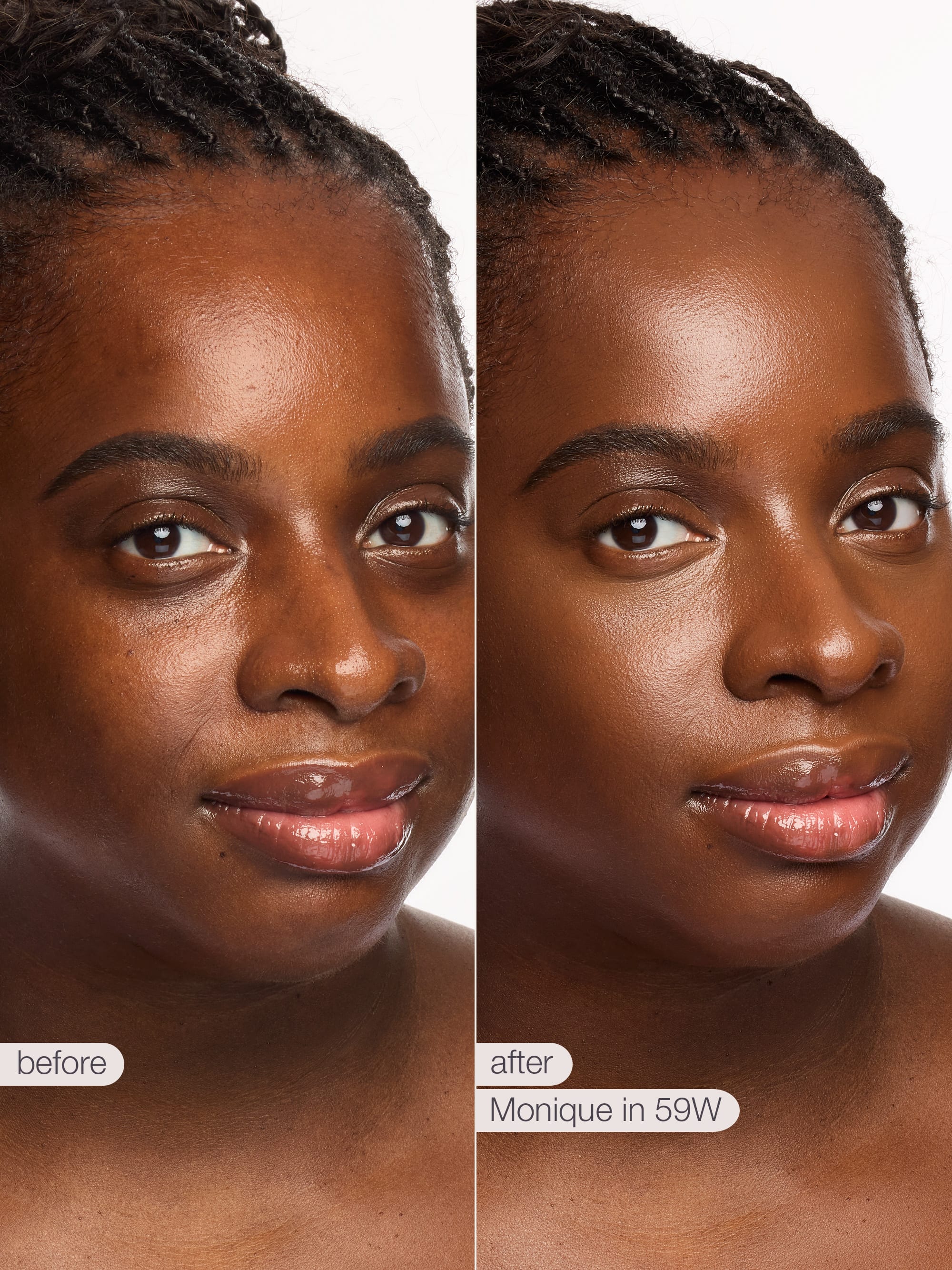 Before and after comparison of a woman's face with text indicating product name and color.