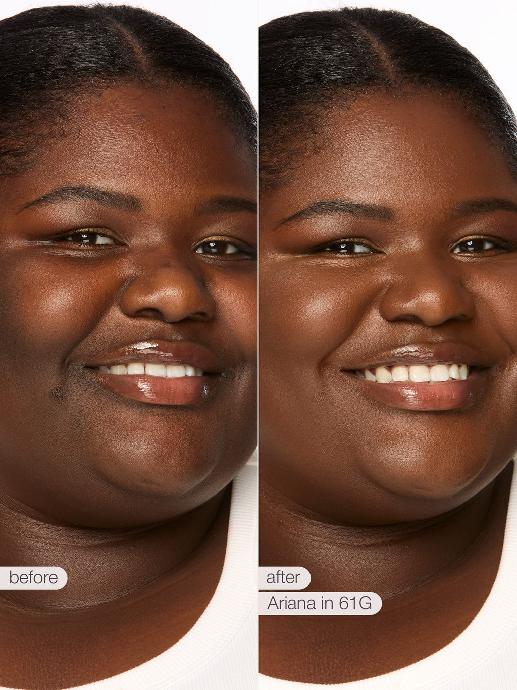 Before and after comparison of a woman's face with cosmetic effects applied.