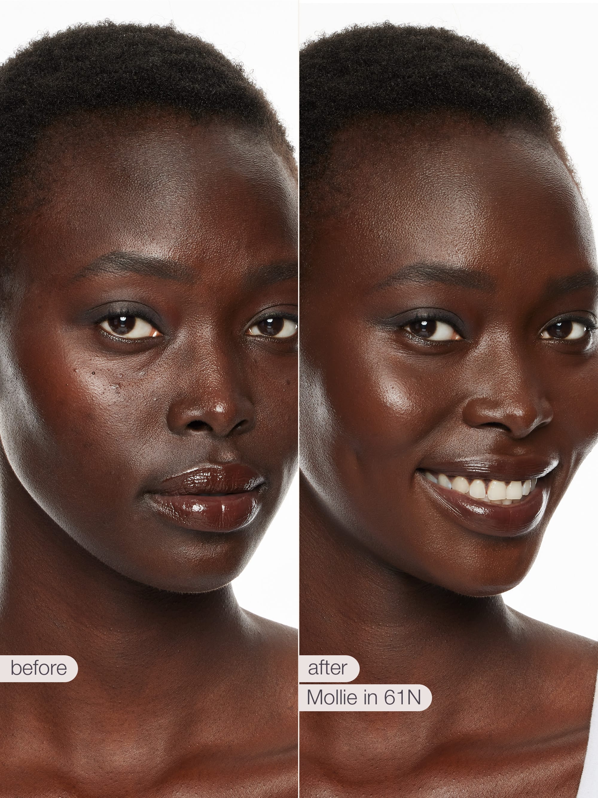 Before and after comparison of a woman's face with cosmetic application labeled 'Mollie in 61N'.