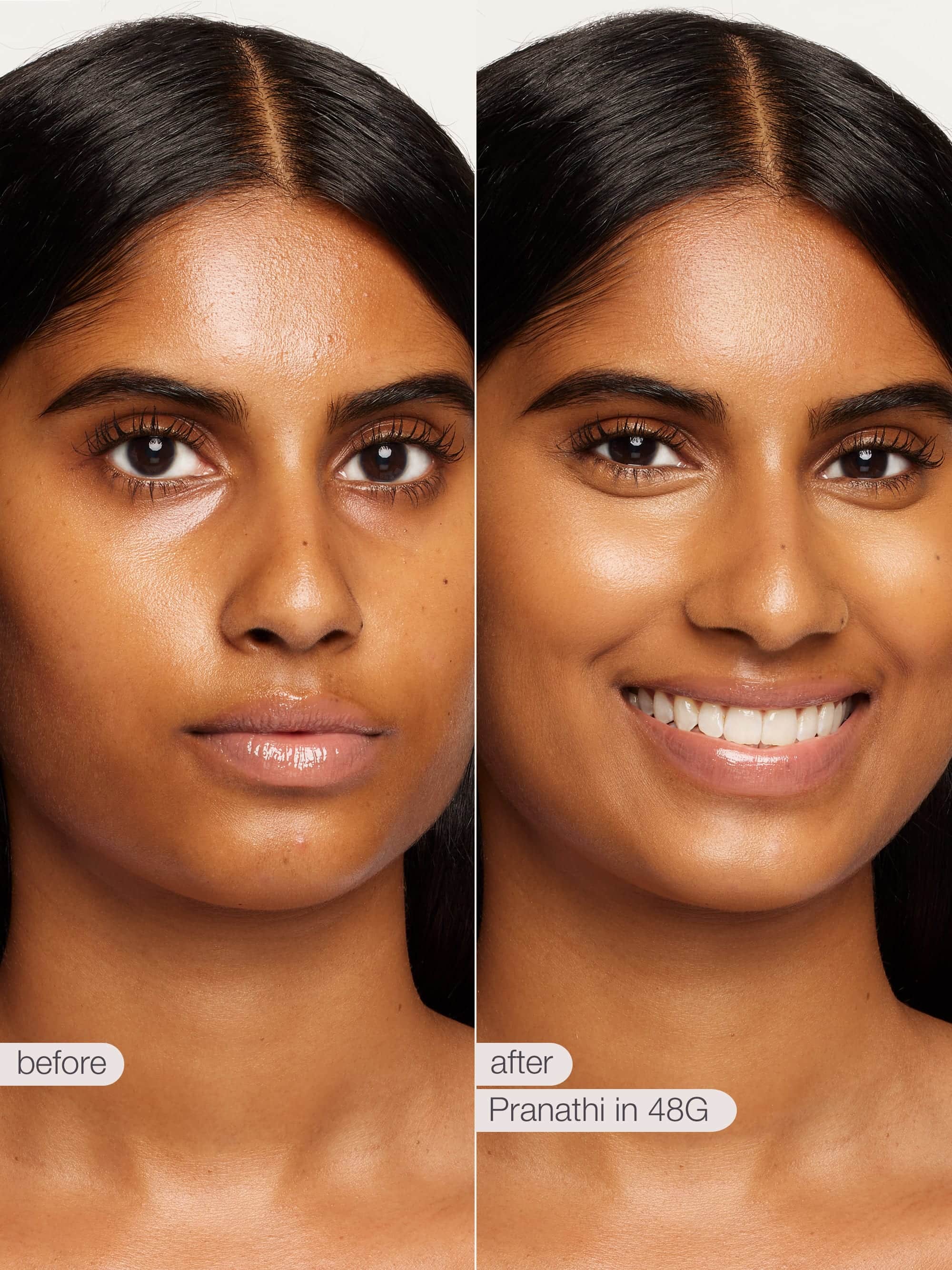 Before and after comparison of a woman's face with Pranathi makeup product applied.