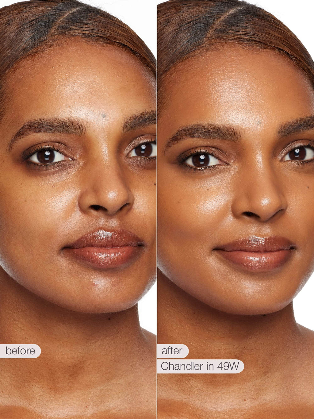 Before and after comparison of a woman's face with skin treatment product application.