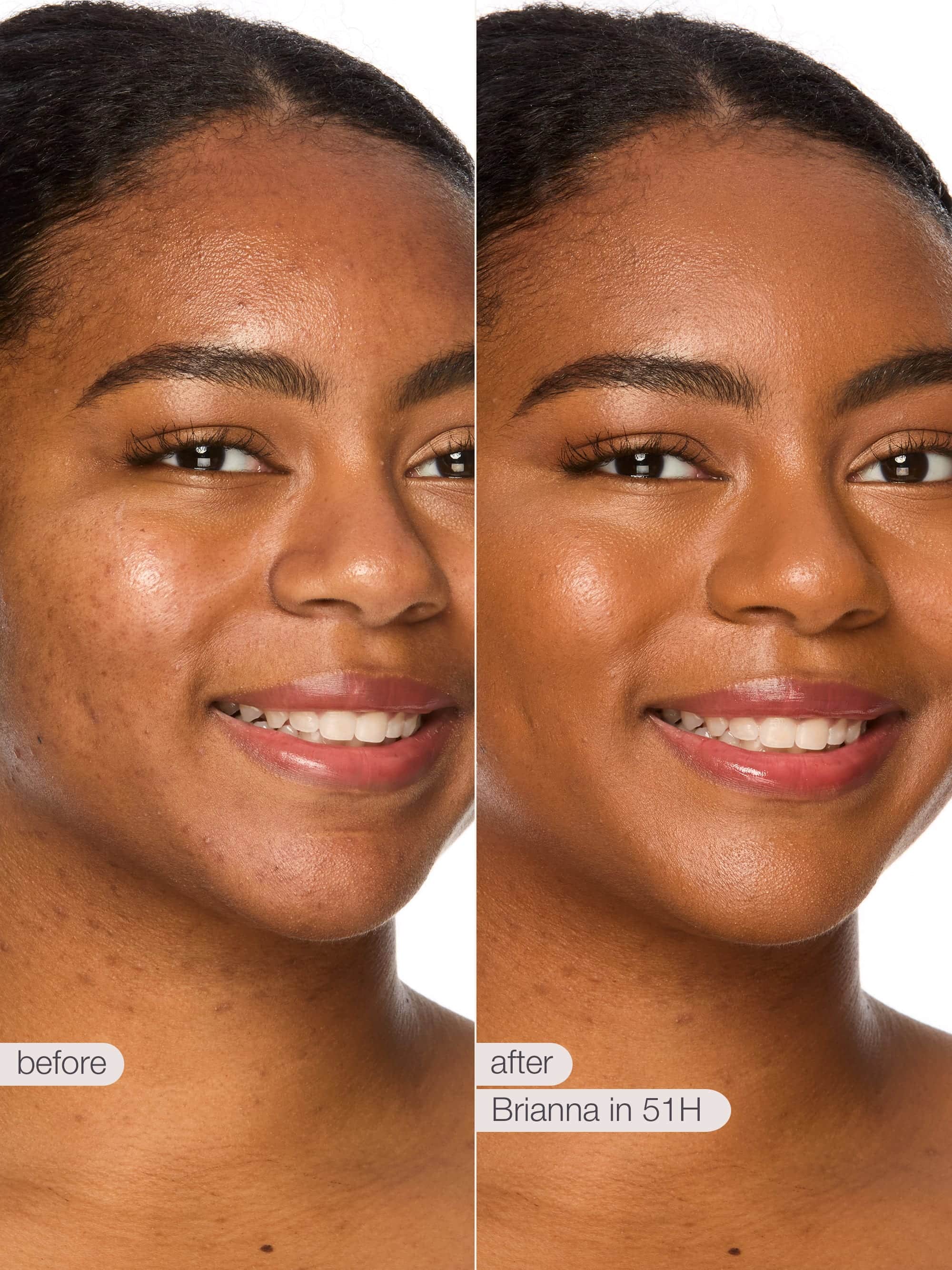 Before and after comparison of a woman's face with text indicating the color '51H'.