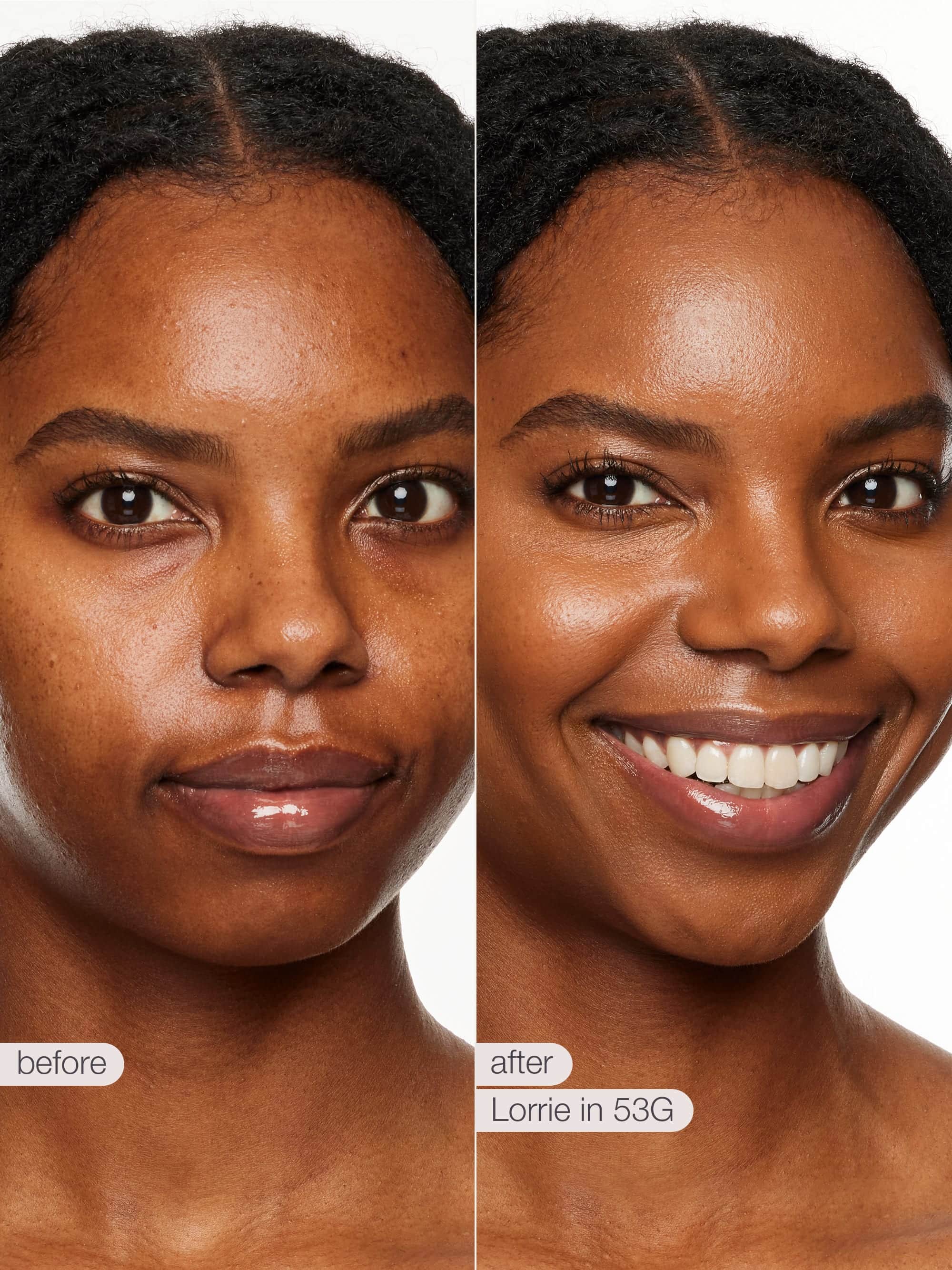 Before and after comparison of a woman's face with cosmetic product application labeled 'Lorrie in 53G'.