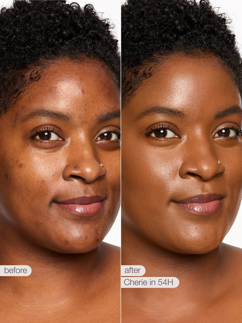 Before and after comparison of a woman's face with text indicating product name and effect.