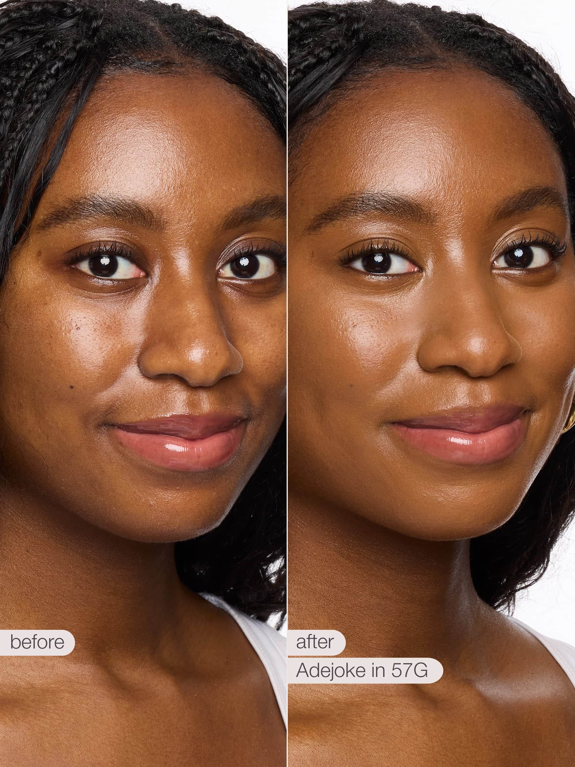 Before and after comparison of a woman's face with cosmetic product application.