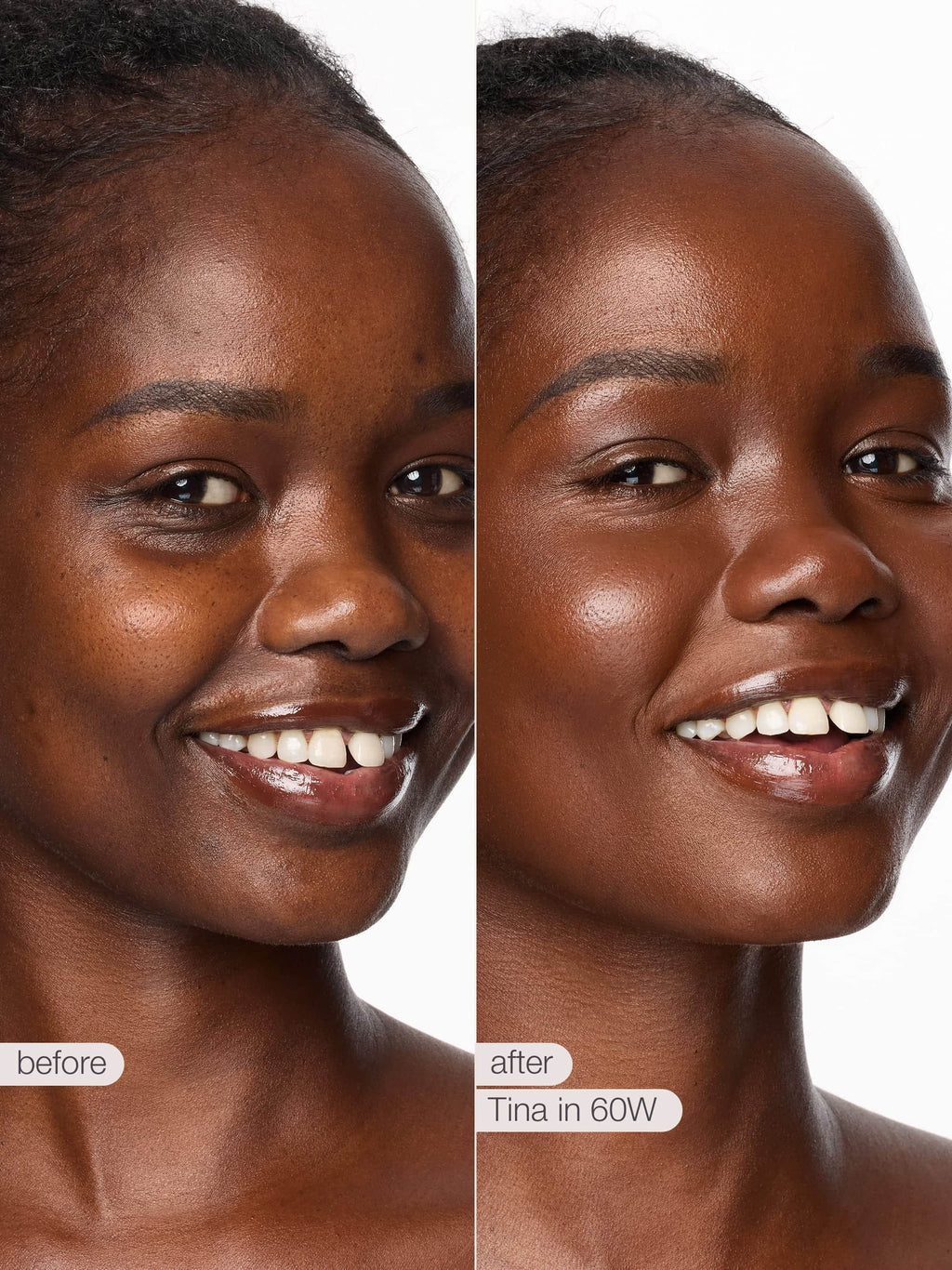 Before and after comparison of a woman's face with visible skin lightening effect.