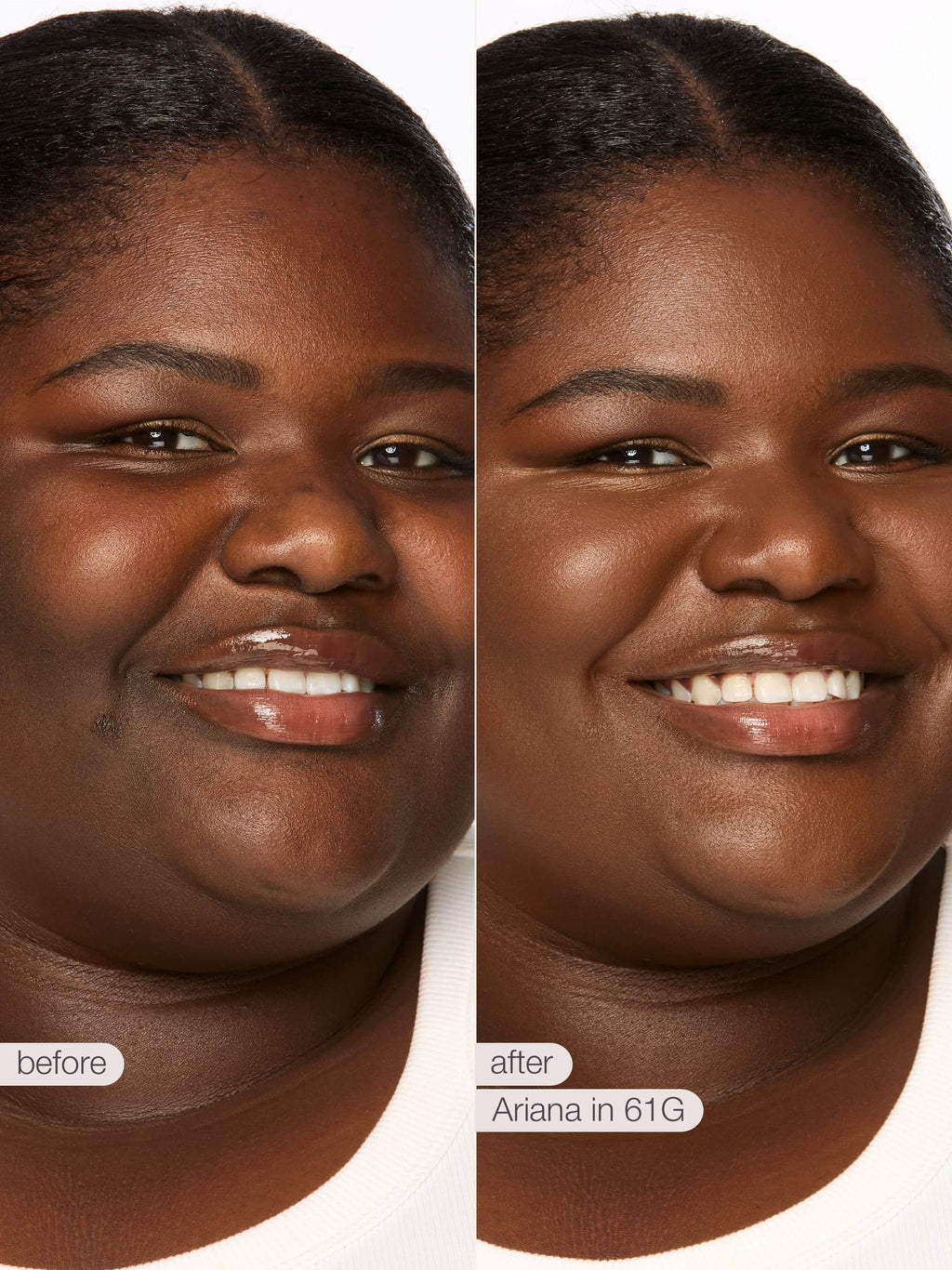 Before and after comparison of a woman's face with text indicating product name and color.
