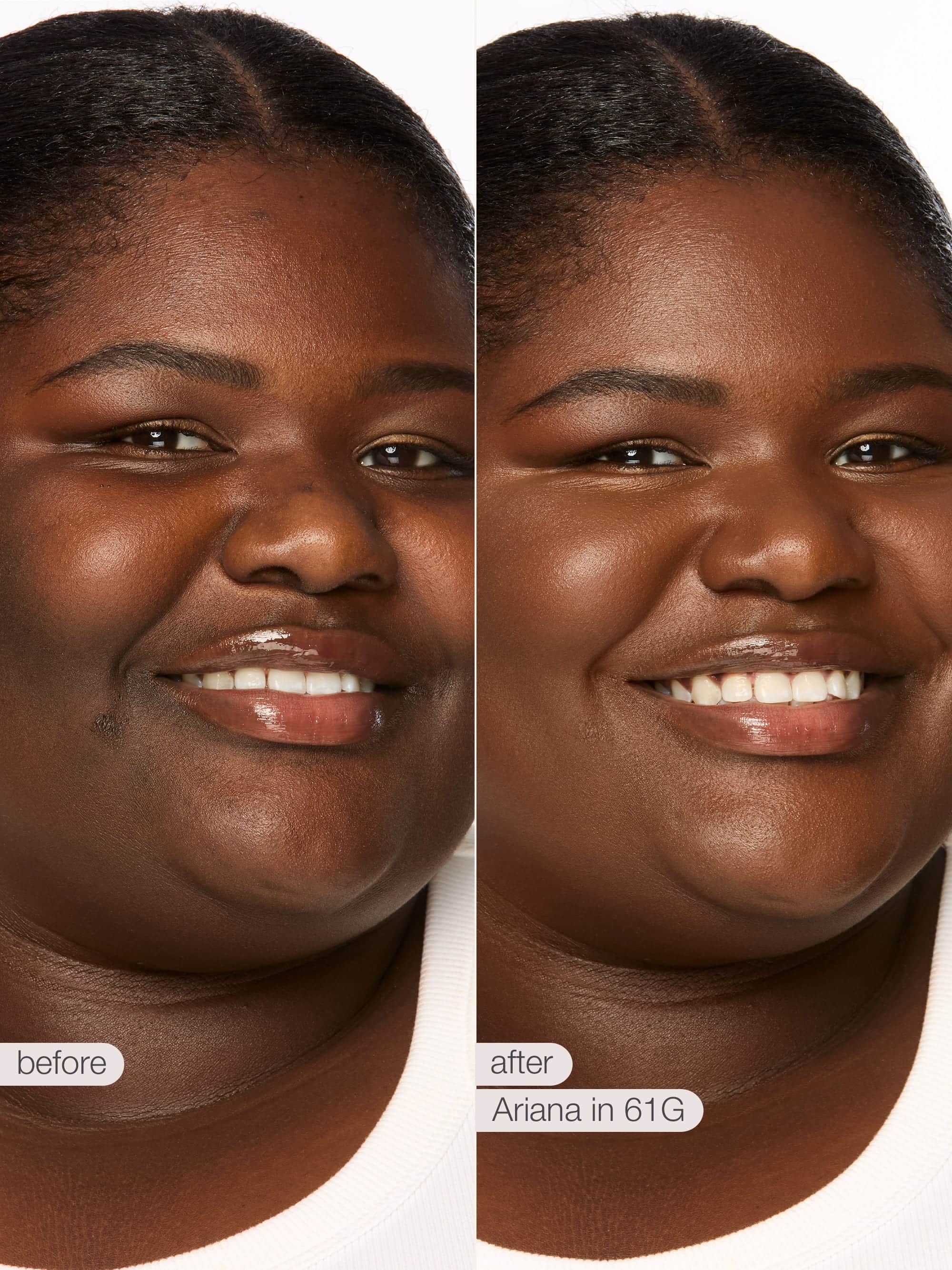 Before and after comparison of a woman's face with text indicating product name and color.