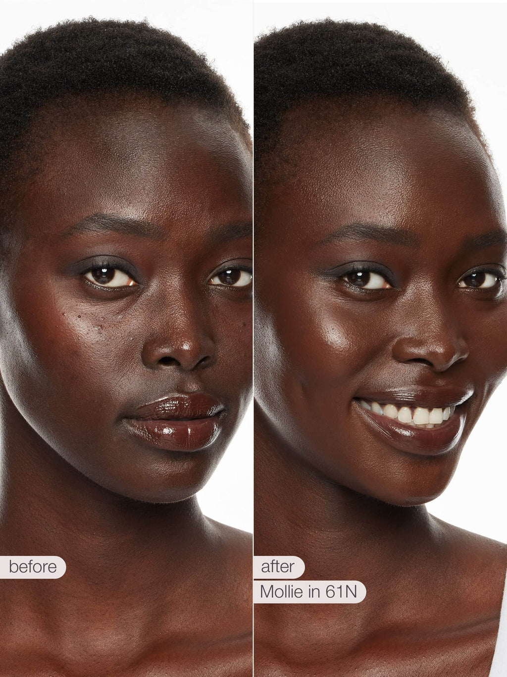 Before and after comparison of a woman's face with a visible makeup product on her skin.