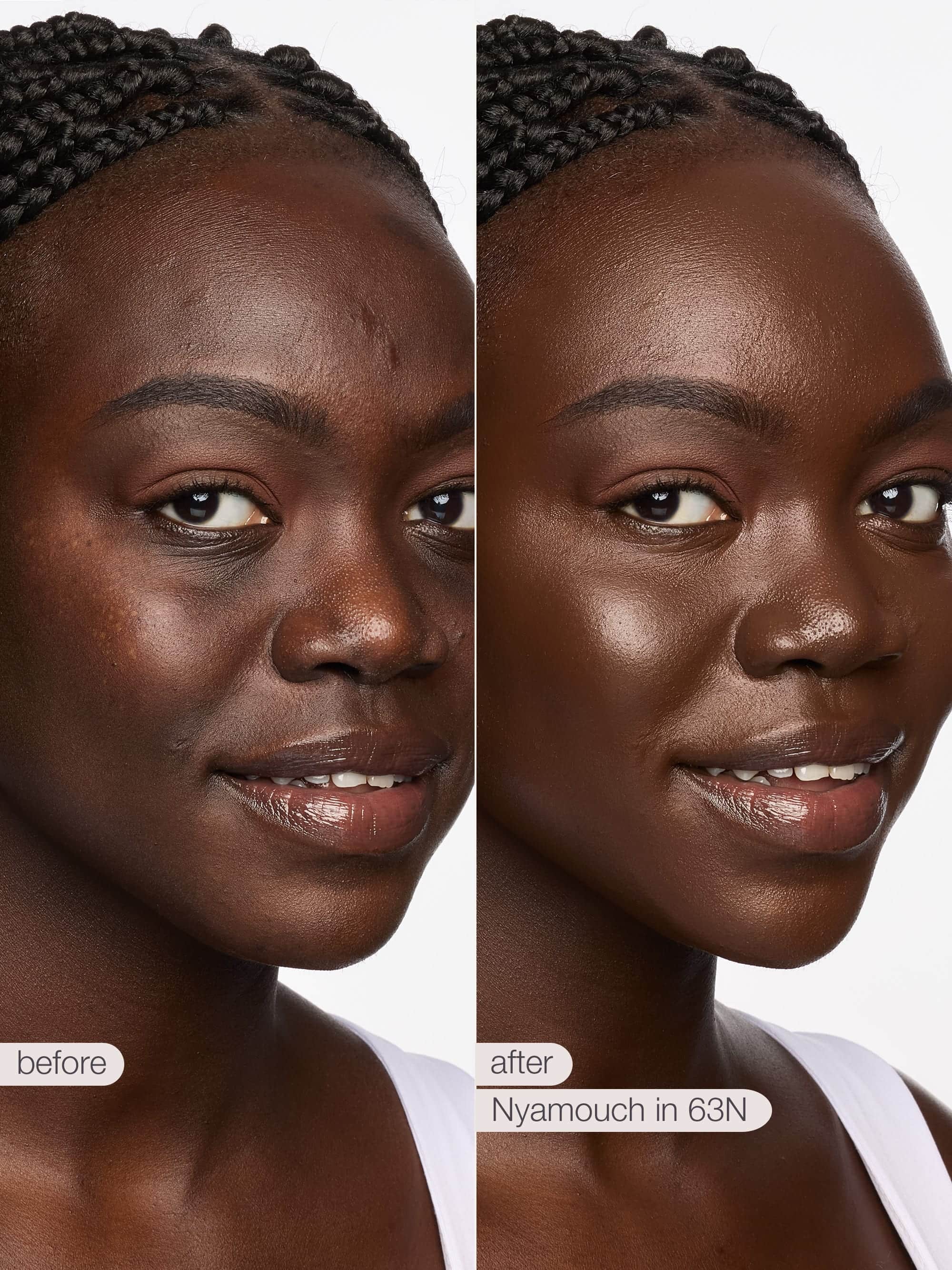 Before and after comparison of a woman's face with skin treatment labeled 'Nyamouch in 63N'.