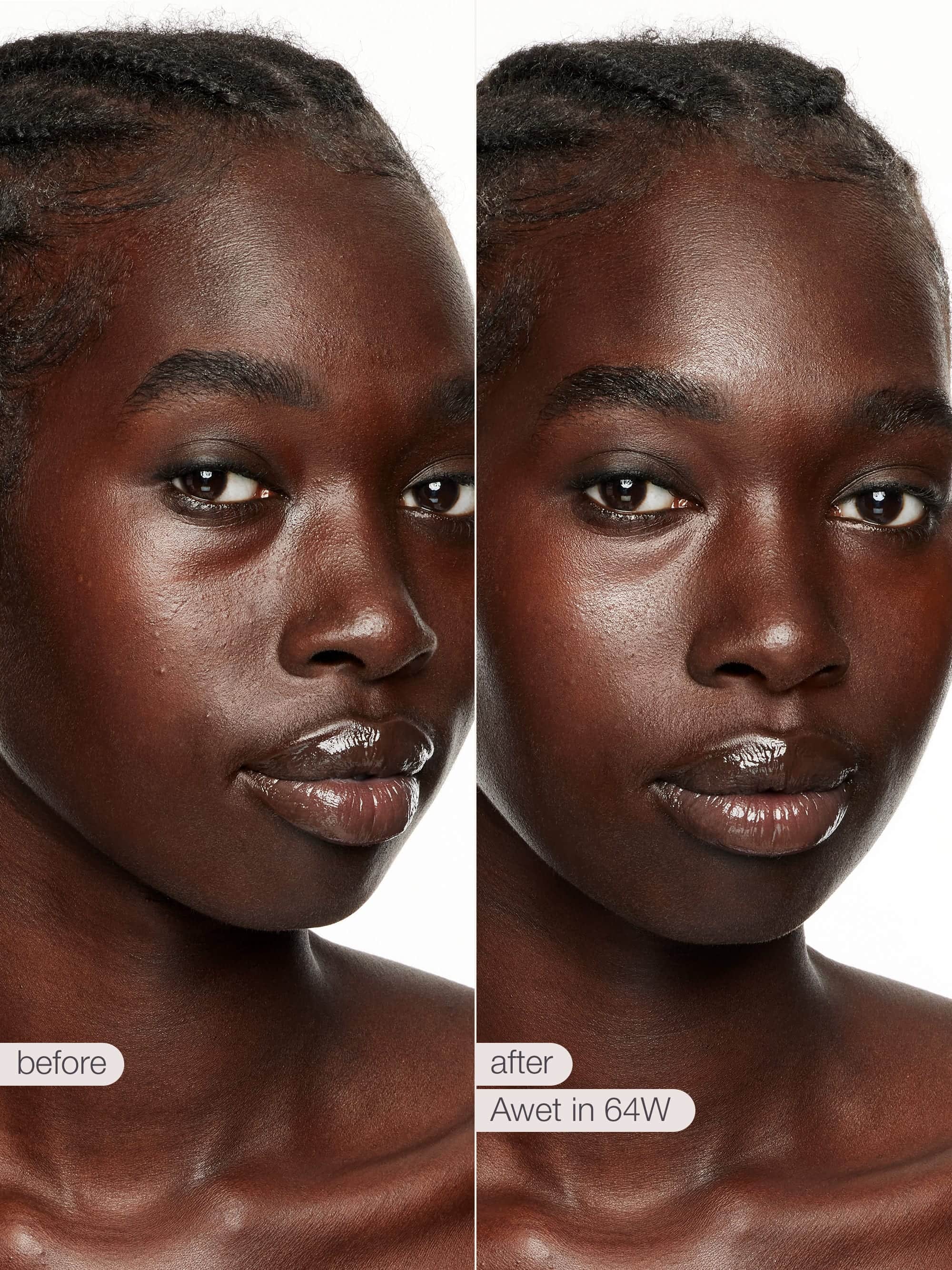 Before and after comparison of a woman's face with text indicating 'before' and 'after' on a white background.