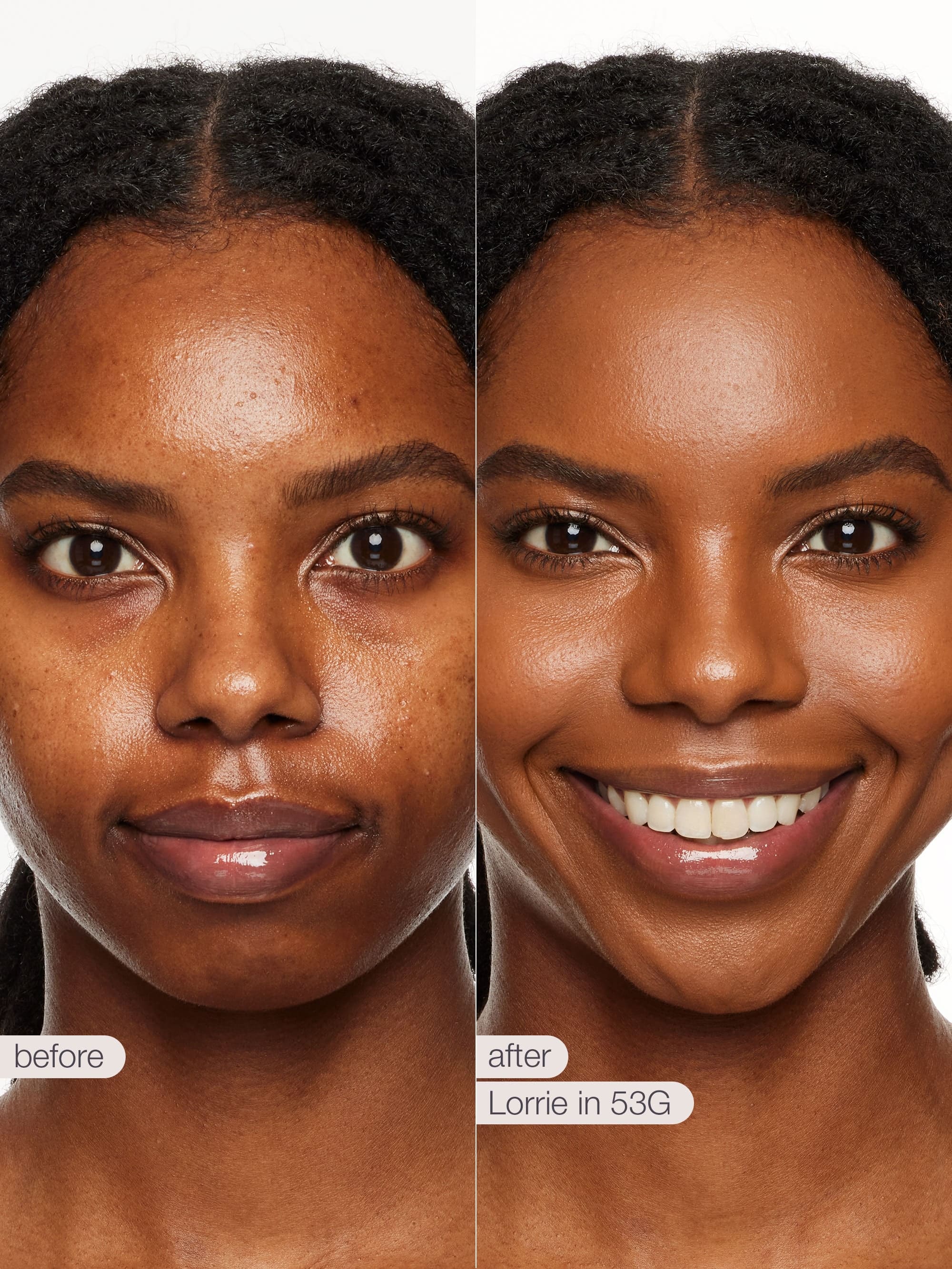 Before and after comparison of a woman's face with text indicating product application.