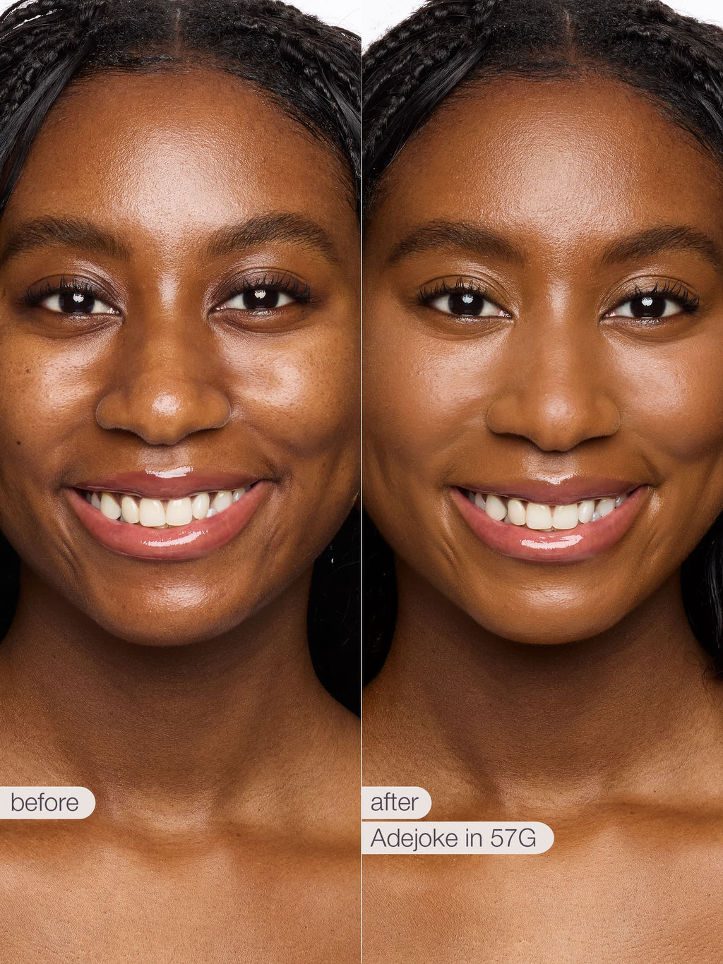Before and after comparison of a woman's face with a cosmetic product labeled 'Adejoke in 57G'.