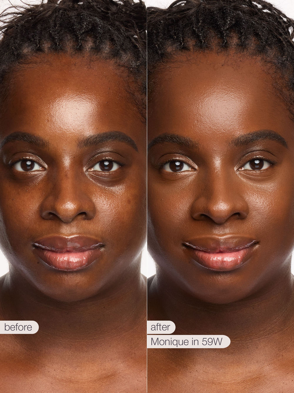 Before and after comparison of a woman's face with text indicating the product used.