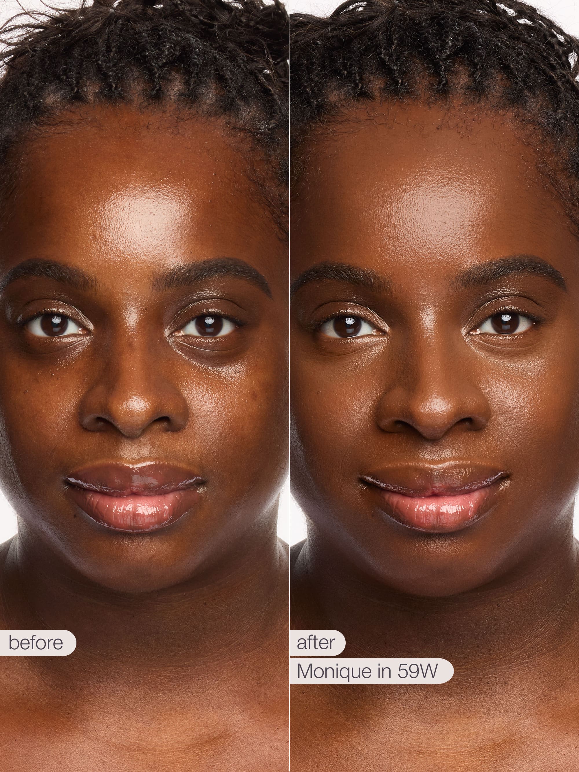 Before and after comparison of a woman's face with text indicating the product used.