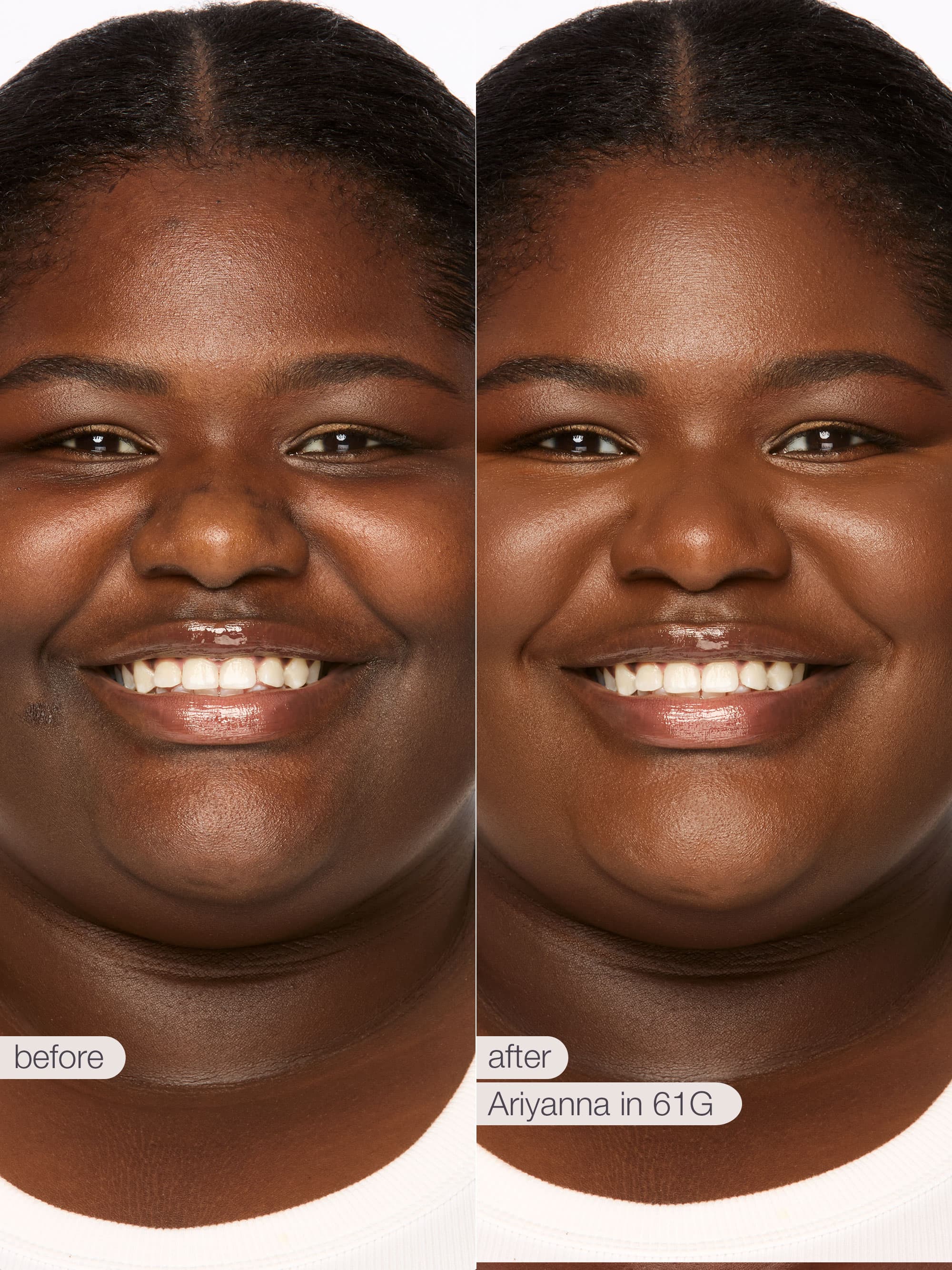 Before and after comparison of a woman's face with Anyanna in 61G makeup.