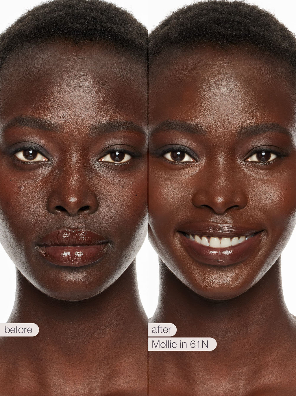 Before and after comparison of a woman's face with cosmetic product application labeled 'Mollie in 61N'.