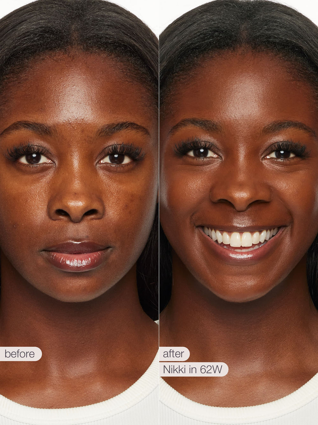 Before and after comparison of a woman's face with text indicating product name and shade.
