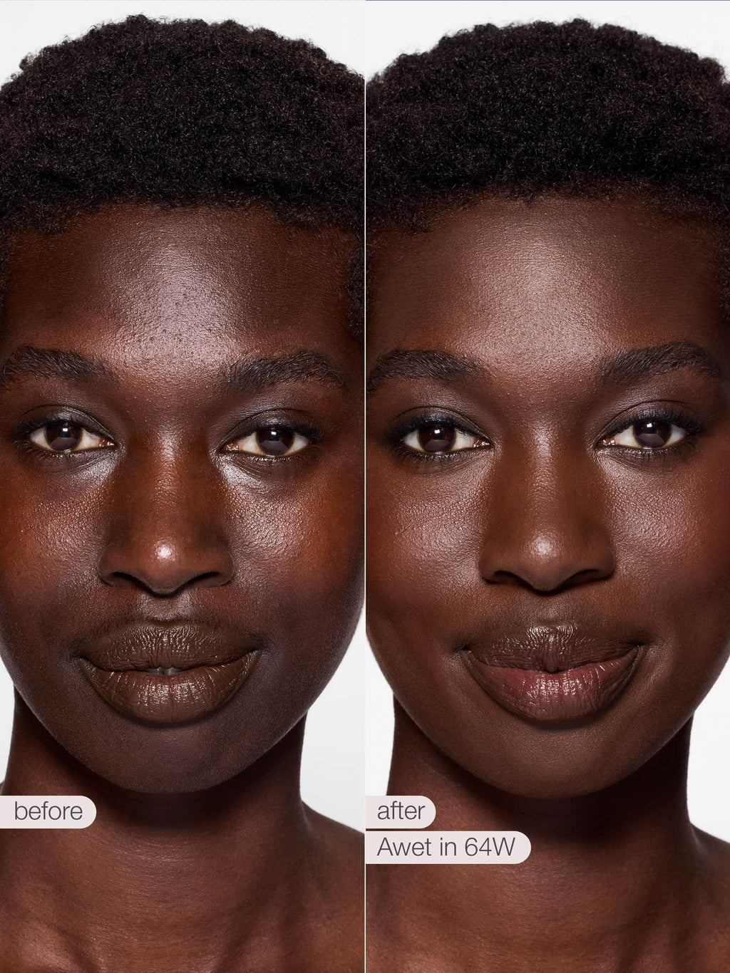 Before and after comparison of a woman's face with text indicating 'before' and 'after' and product name.