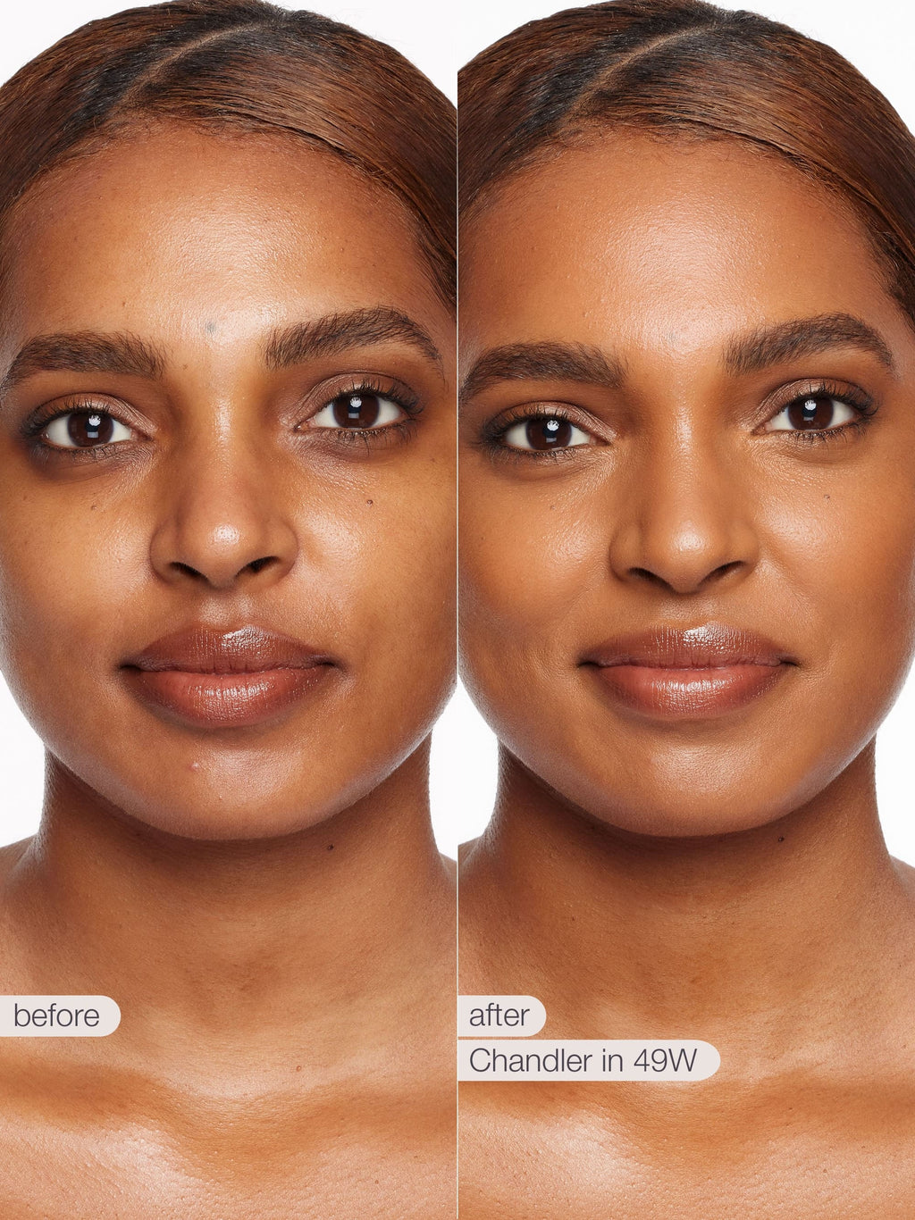 Before and after comparison of a woman's face with a product labeled 'Chandler in 49W'.