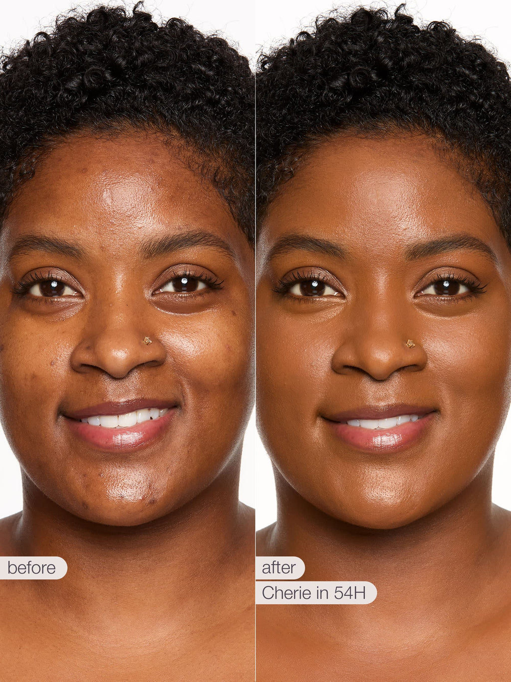 Before and after comparison of a woman's face with text indicating 'before' and 'after' with a product name.