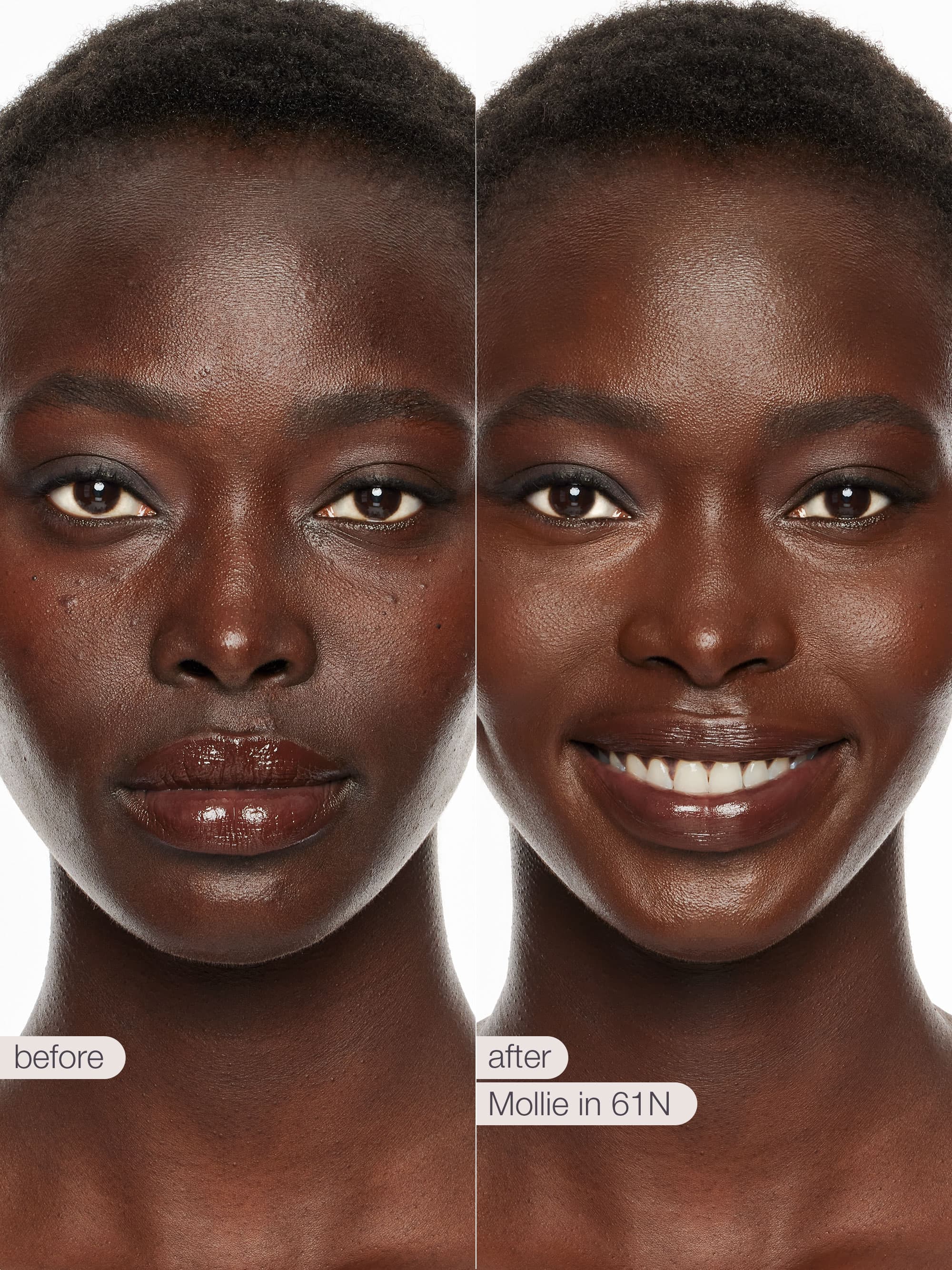 Before and after comparison of a woman's face with cosmetic product application labeled 'Mollie in 61N'.