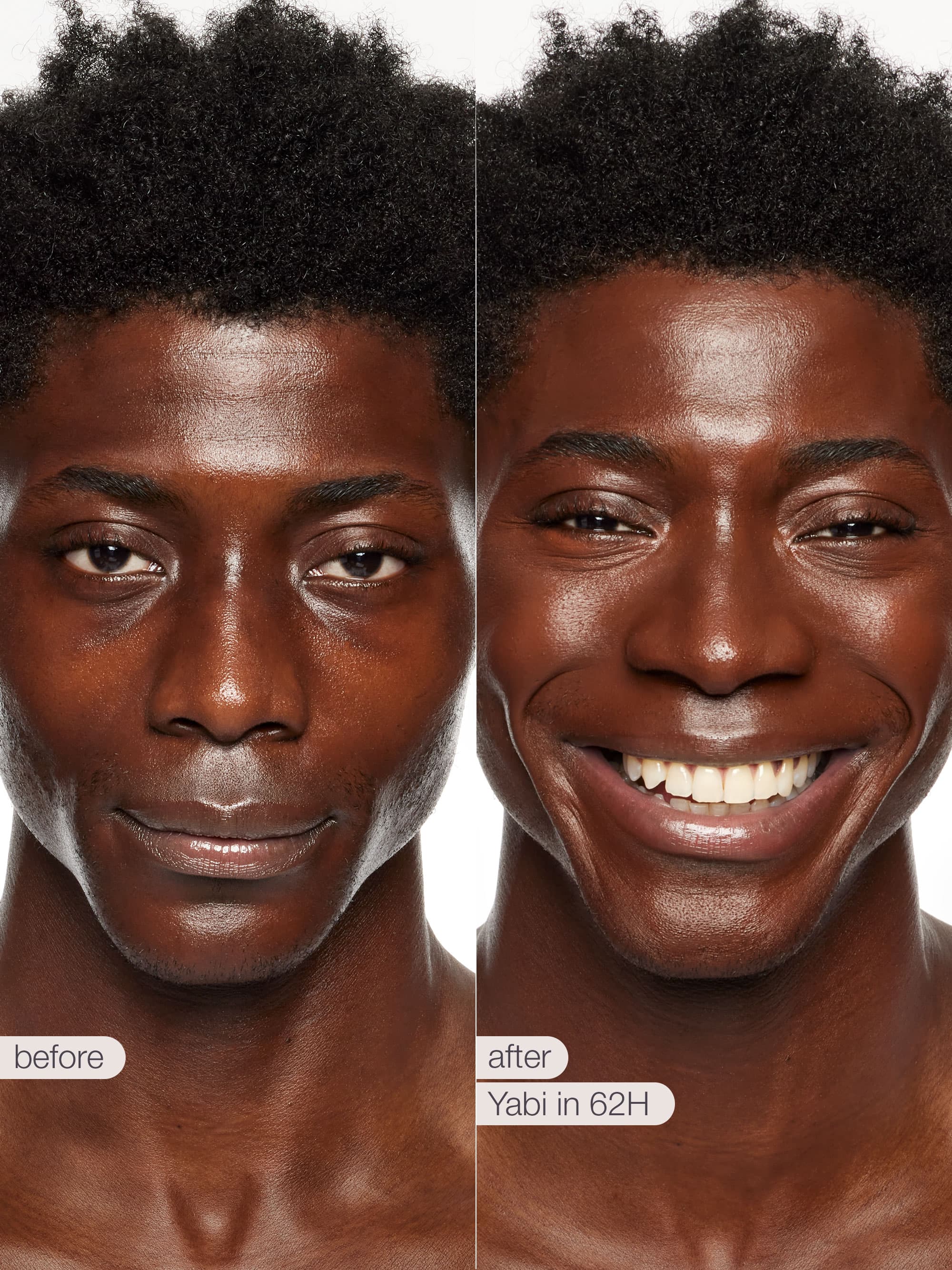 Before and after comparison of a man's face with text indicating a product application.