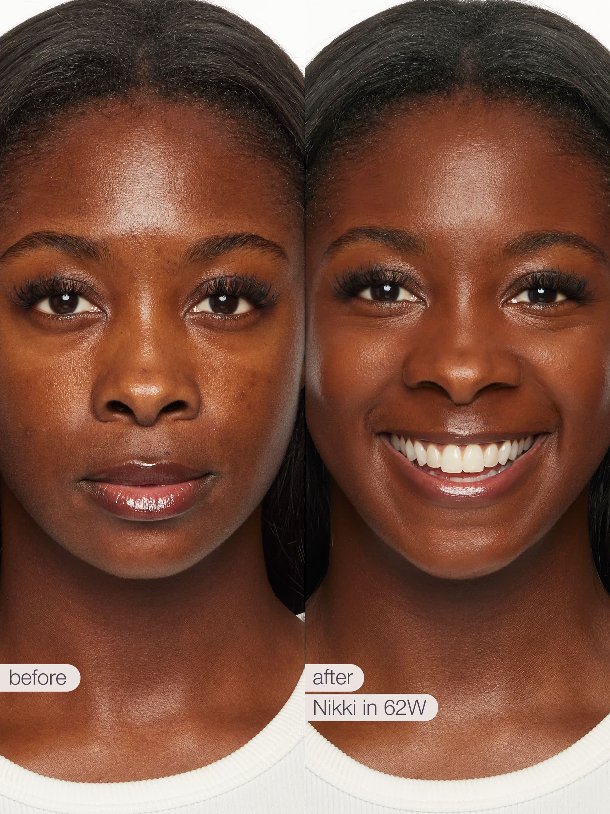 Before and after comparison of a woman's face with text indicating product name and shade.