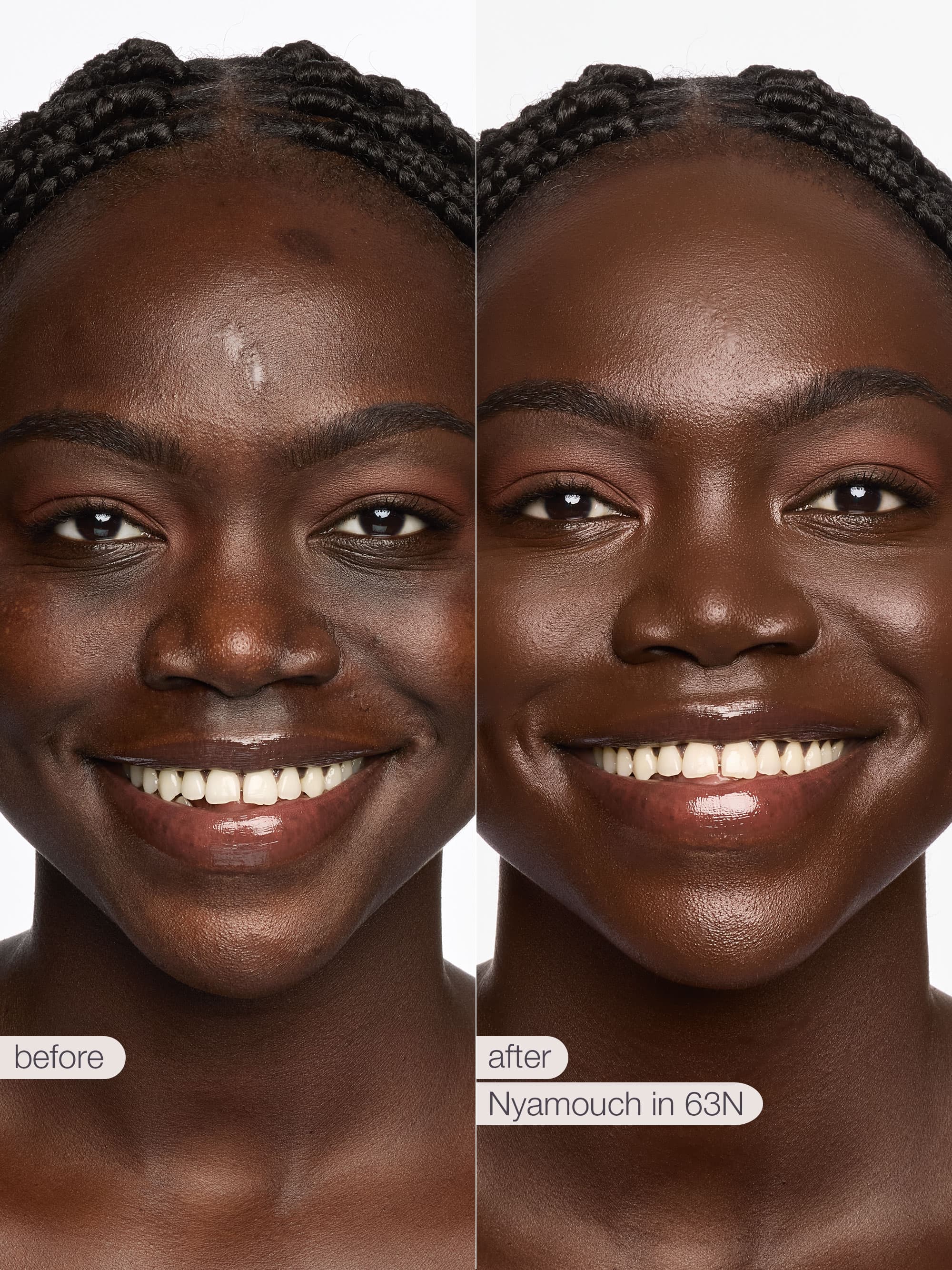 Before and after comparison of a woman's face with cosmetic product application labeled 'Nyamouch in 63N'.
